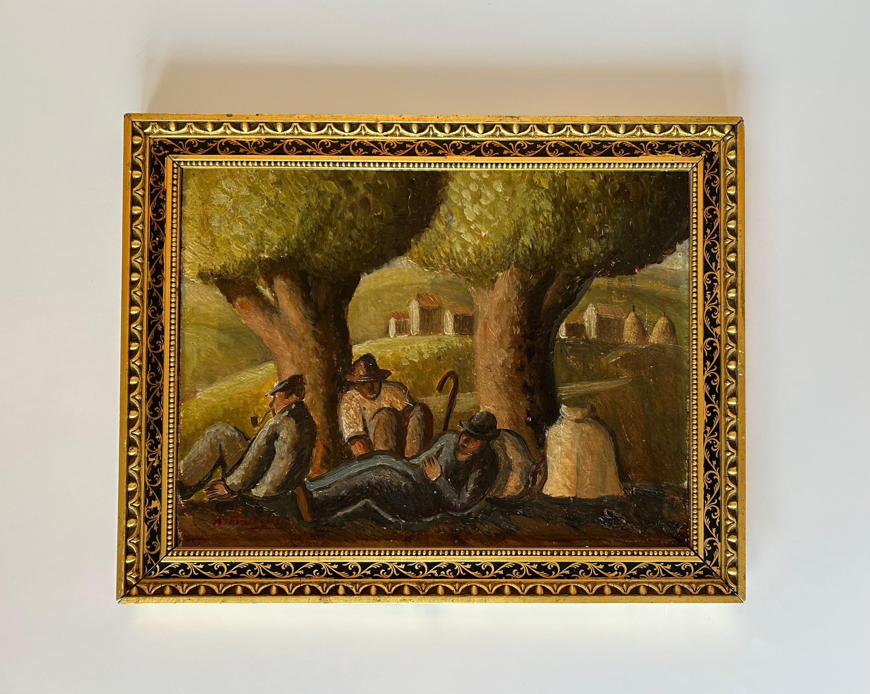 Une magnifique peinture italienne représentant des paysans au repos sous des arbres, avec des meules de foin et des bâtiments agricoles au loin. Huile sur panneau, fin du XIXe siècle ou début du XXe siècle, dans un cadre italien magnifiquement doré.