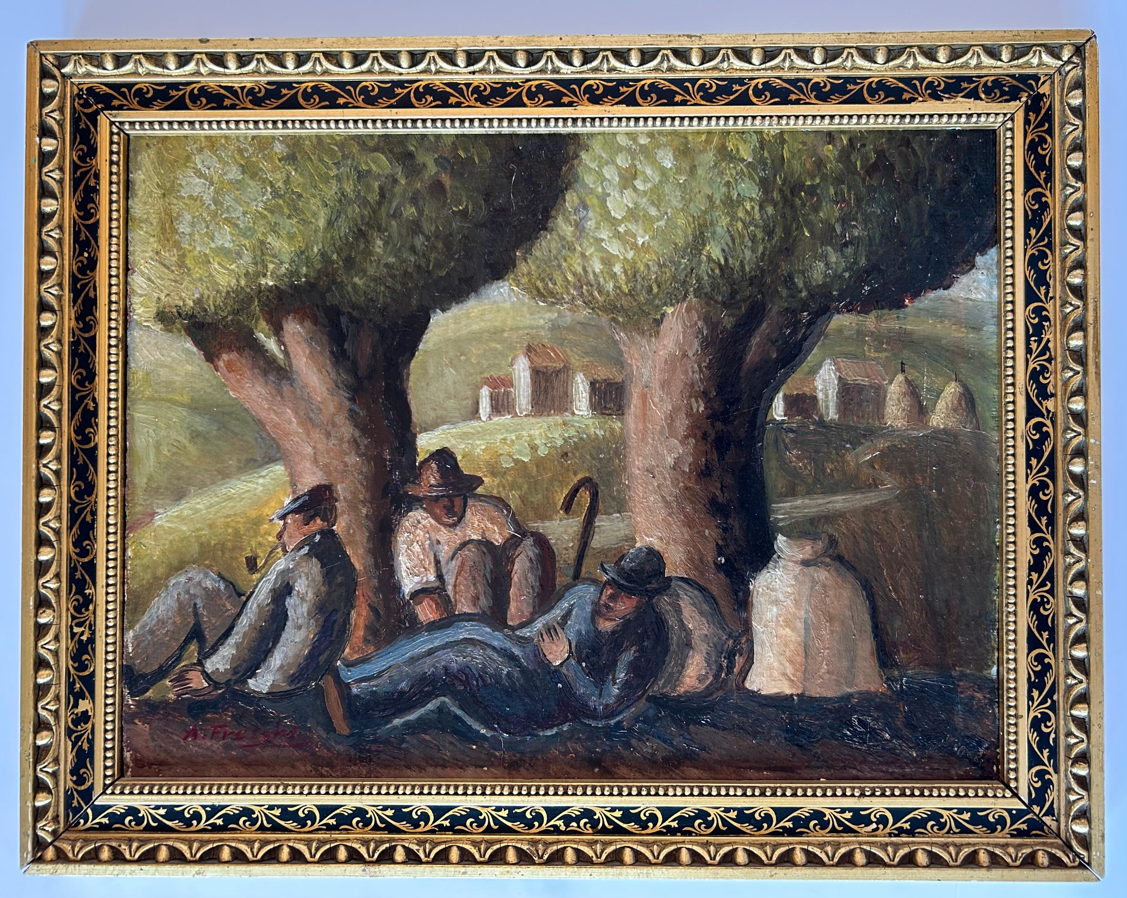 Artisanat Beau paysage italien représentant des paysans au repos  Huile sur carton, Fin du 19e siècle en vente