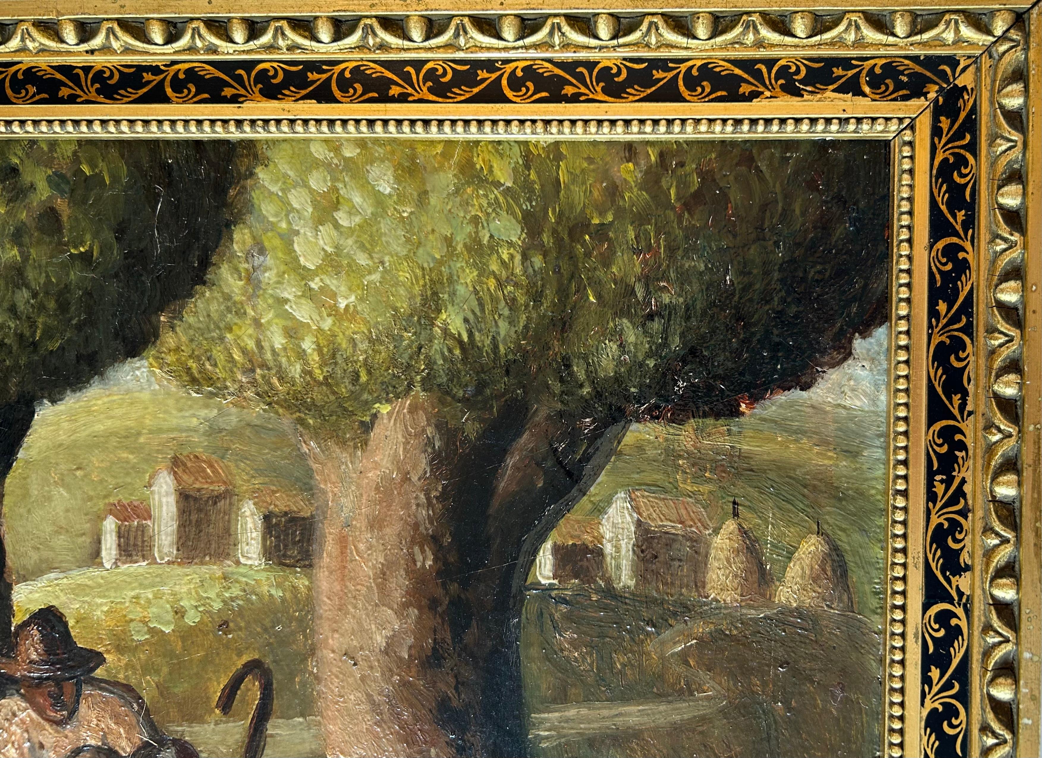Beau paysage italien représentant des paysans au repos  Huile sur carton, Fin du 19e siècle Bon état - En vente à Toronto, CA