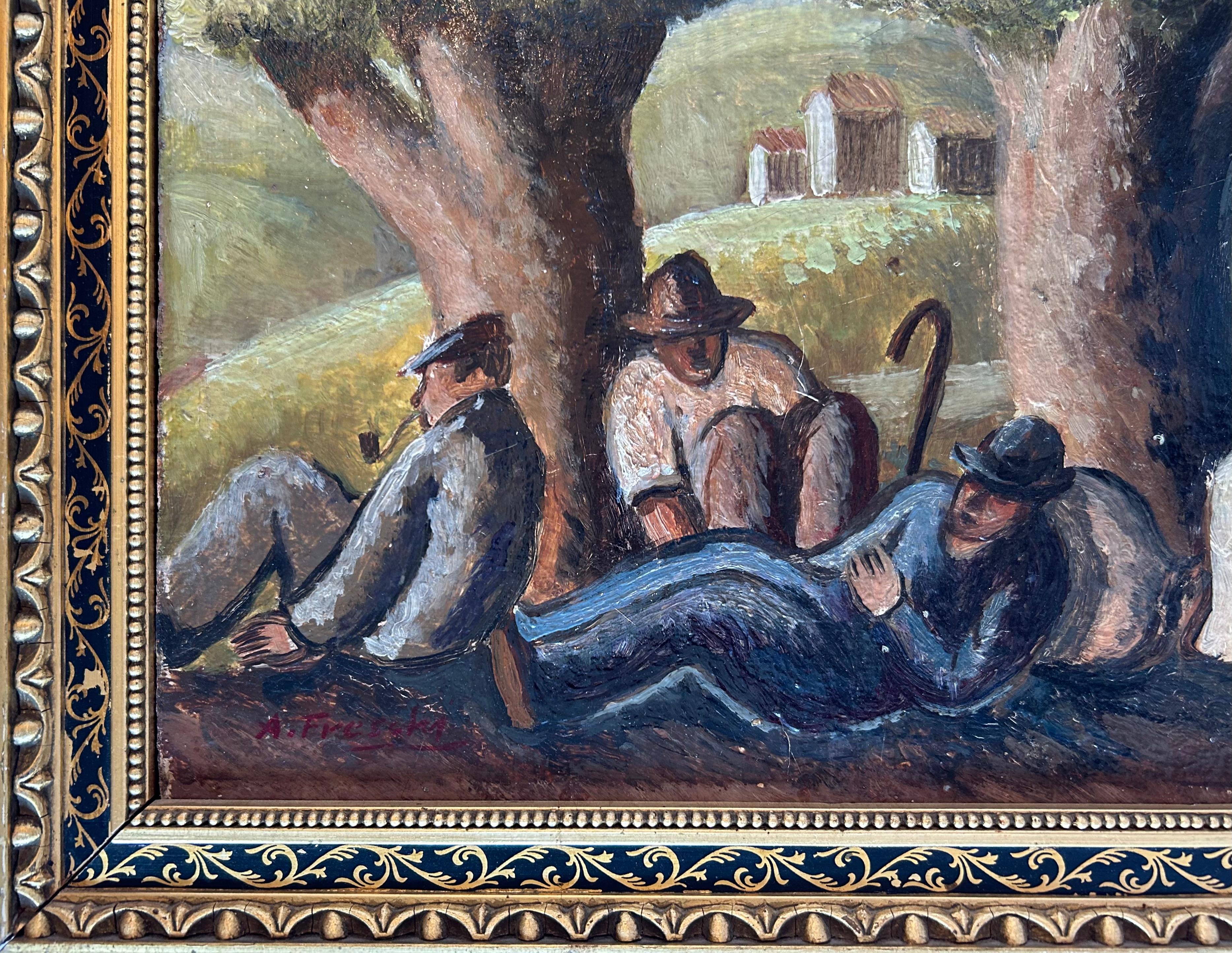 Fine Italian Landscape of Peasants at Rest,  Oil on Board, Late 19th Century In Good Condition For Sale In Toronto, CA
