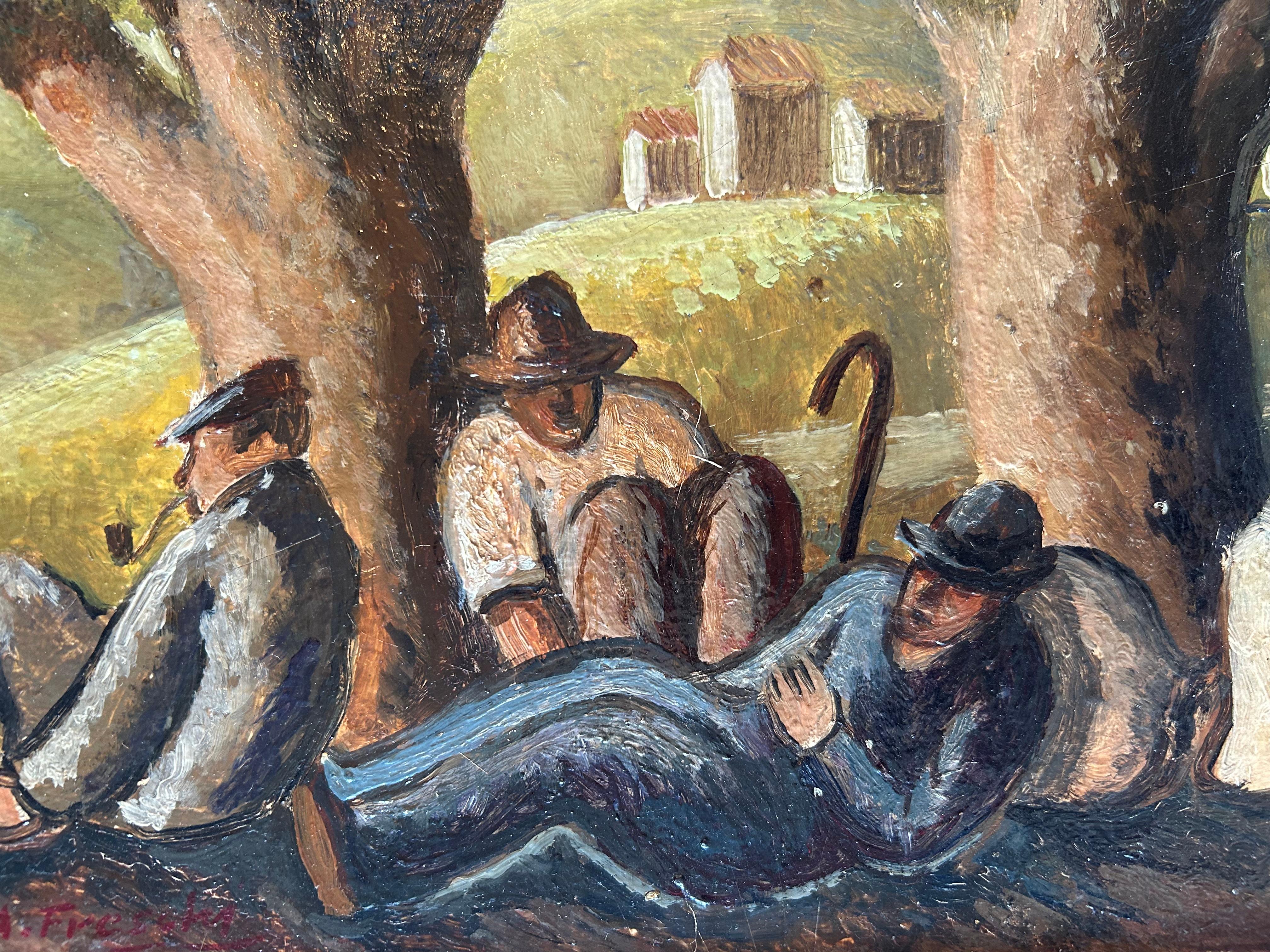 Peinture Beau paysage italien représentant des paysans au repos  Huile sur carton, Fin du 19e siècle en vente