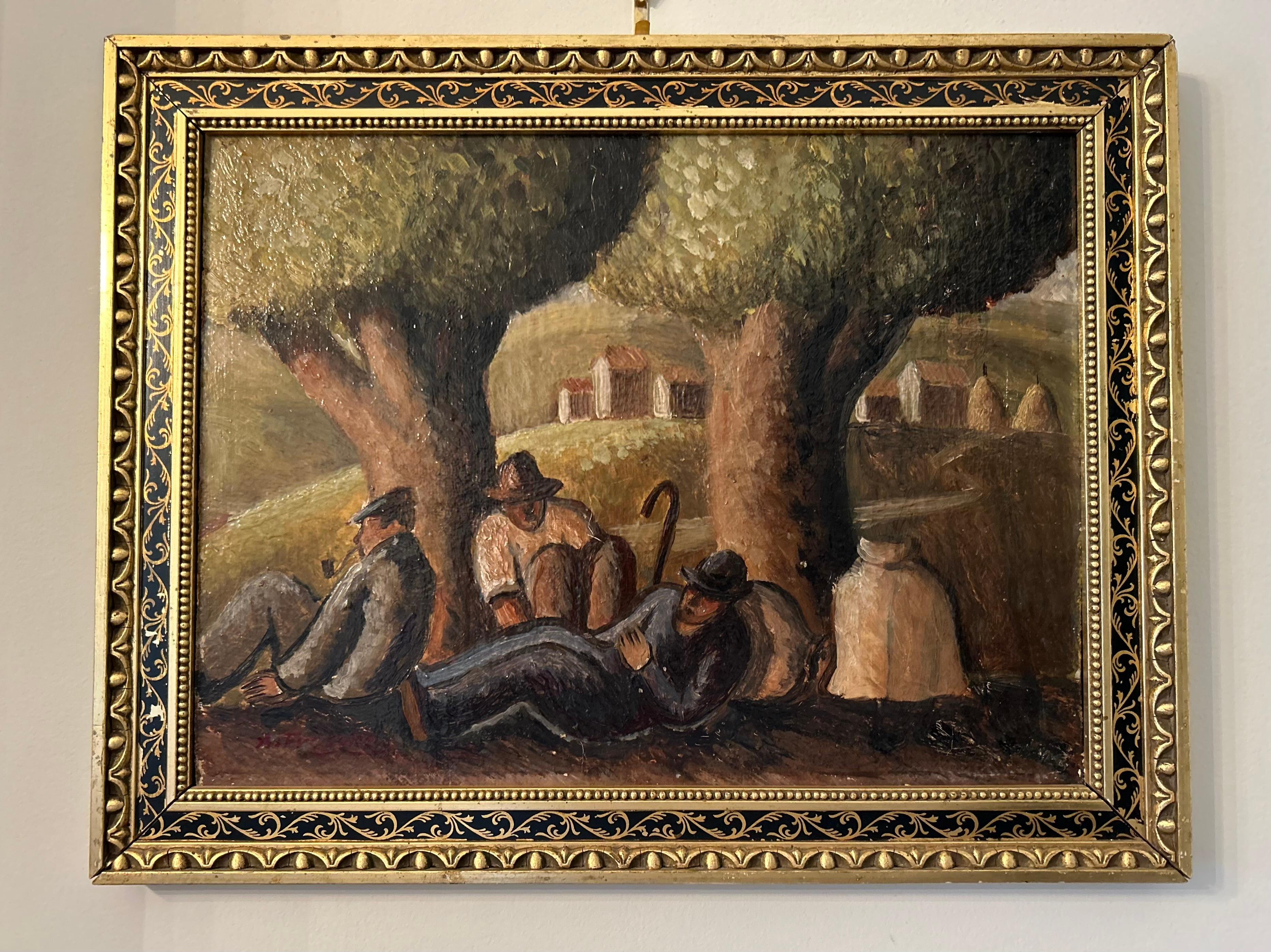 Beau paysage italien représentant des paysans au repos  Huile sur carton, Fin du 19e siècle en vente 2