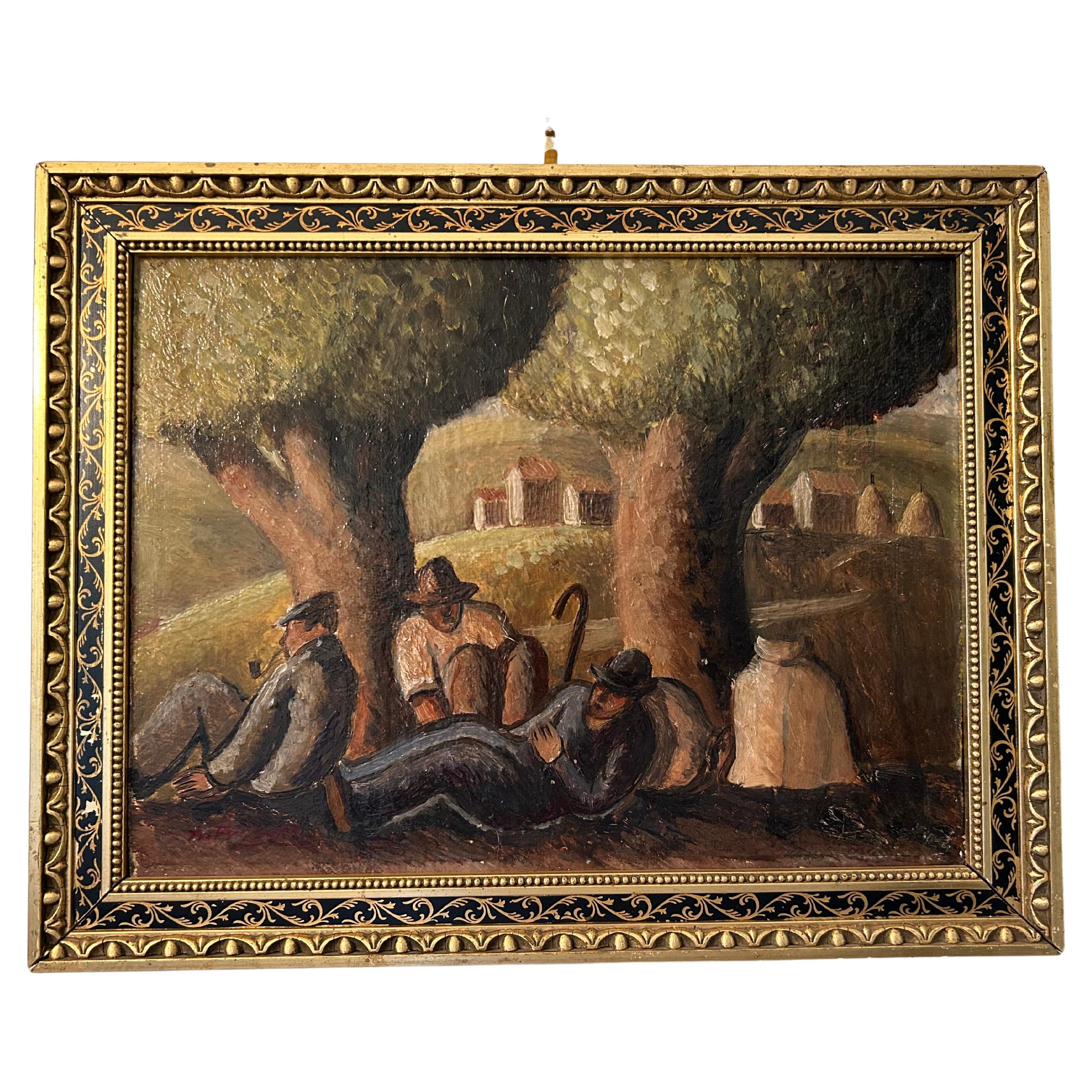 Fine Italian Landscape of Peasants at Rest,  Oil on Board, Late 19th Century