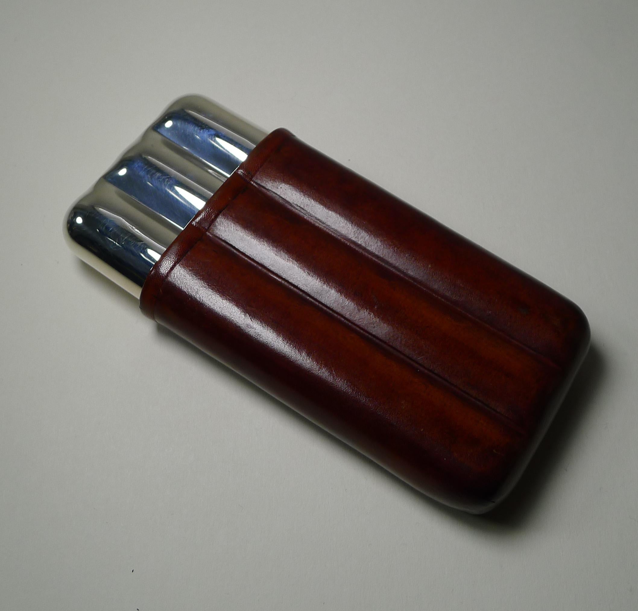 20th Century Fine Italian Leather and Sterling Silver Cigar Case, c.1950