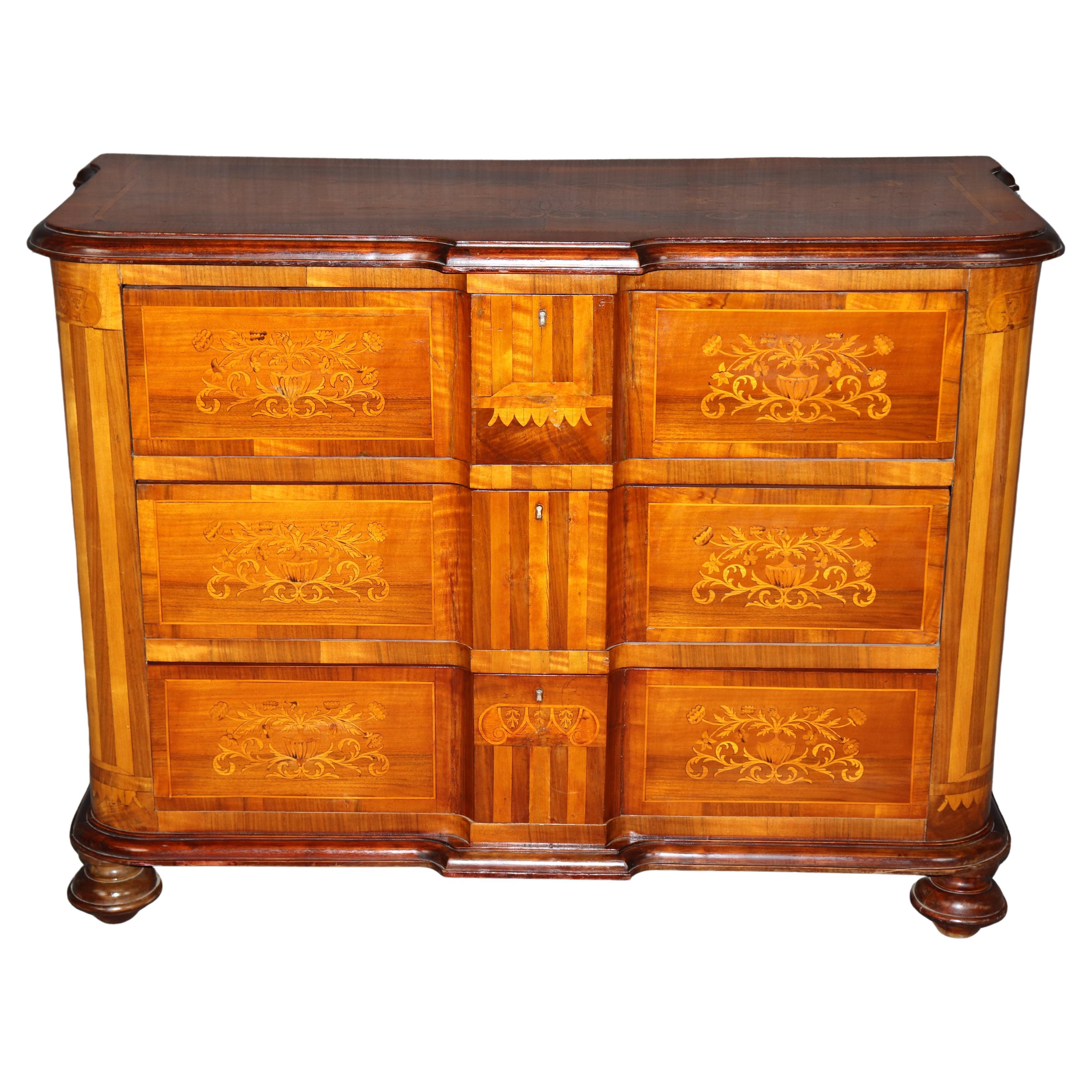 Fine Italian Mixed Woods Marquetry Inlaid 19th Century Commode For Sale