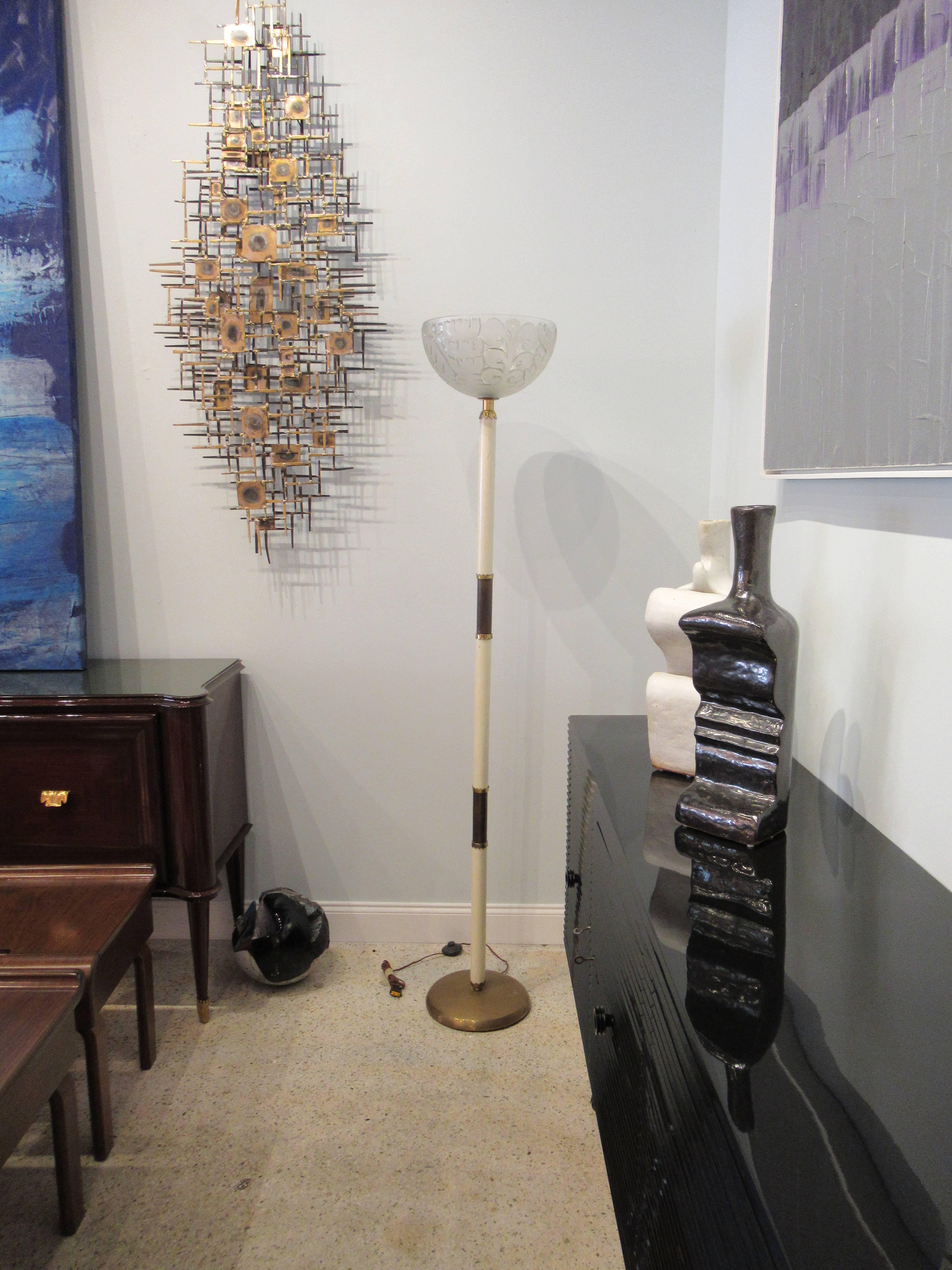 Fine Italian Modern Parchment, Brass and Glass Floor Lamp, Sabino, 1950s In Excellent Condition For Sale In Hollywood, FL