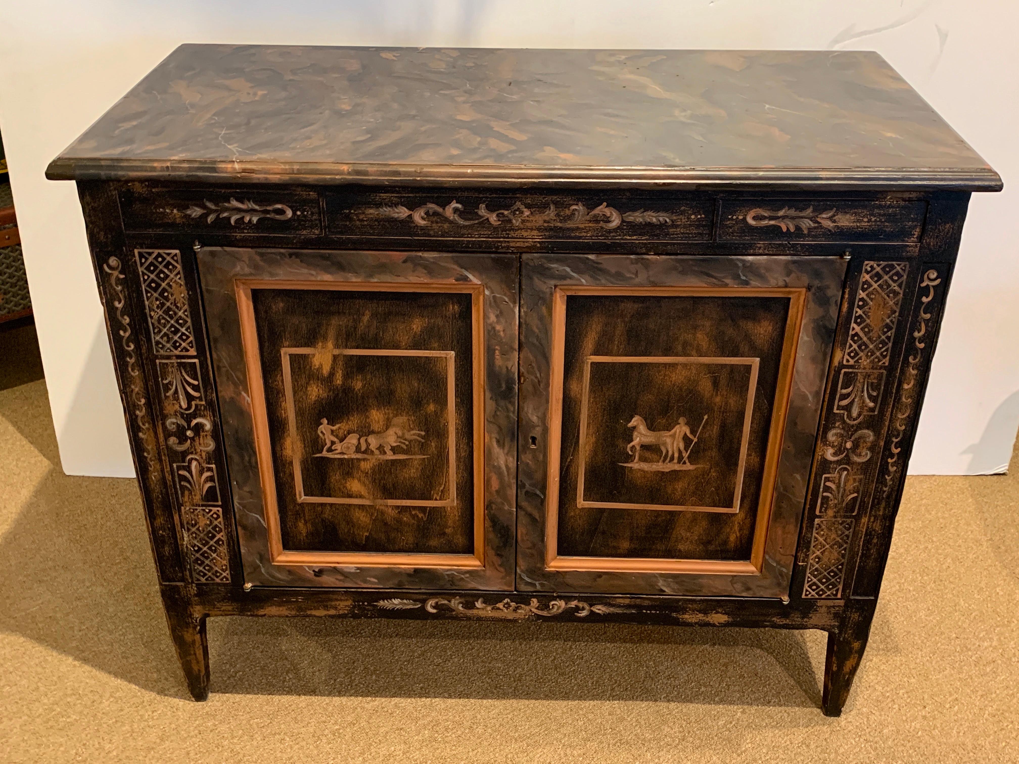 Fine Italian neoclassical painted two-door commode, in the Roman taste with marbleized rectangular top, over a case fitted with 15