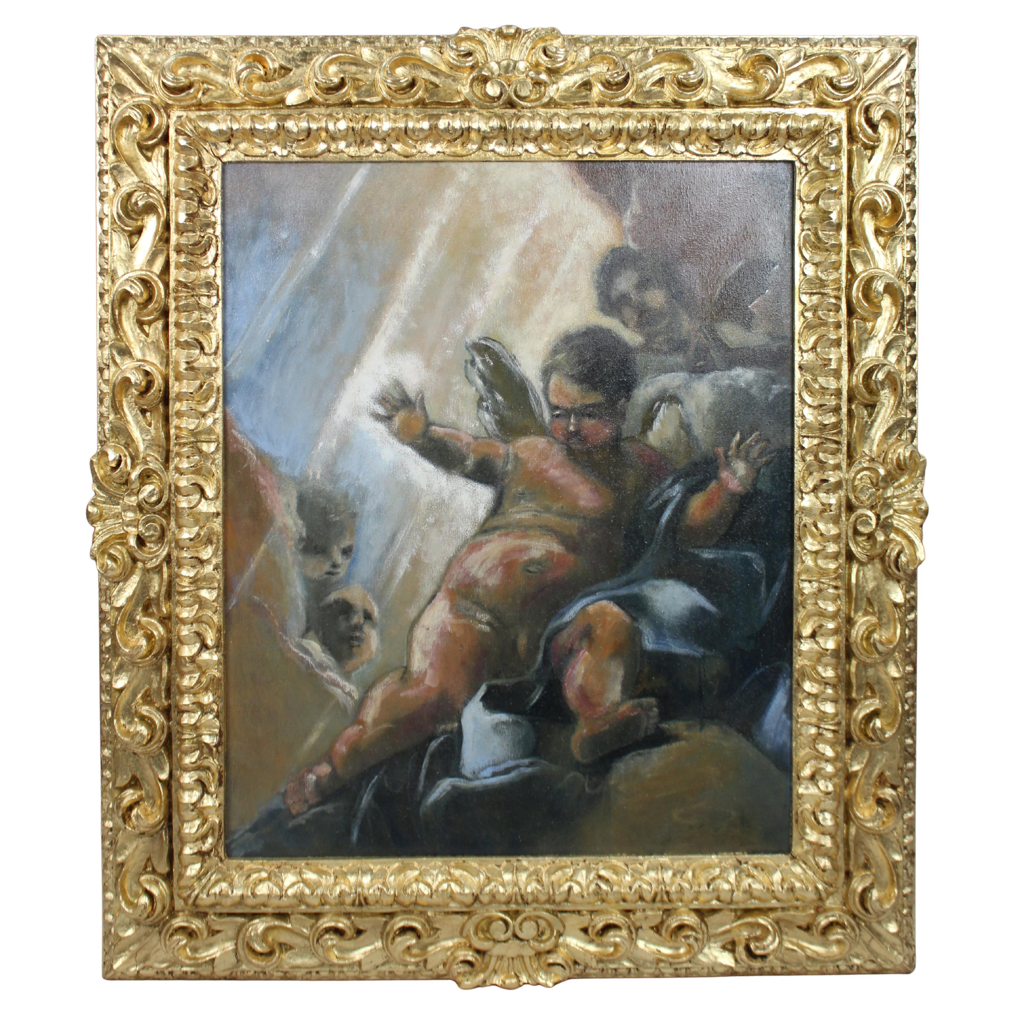 Fine Italian Oil on Canvas Set in Carved Giltwood Frame en venta