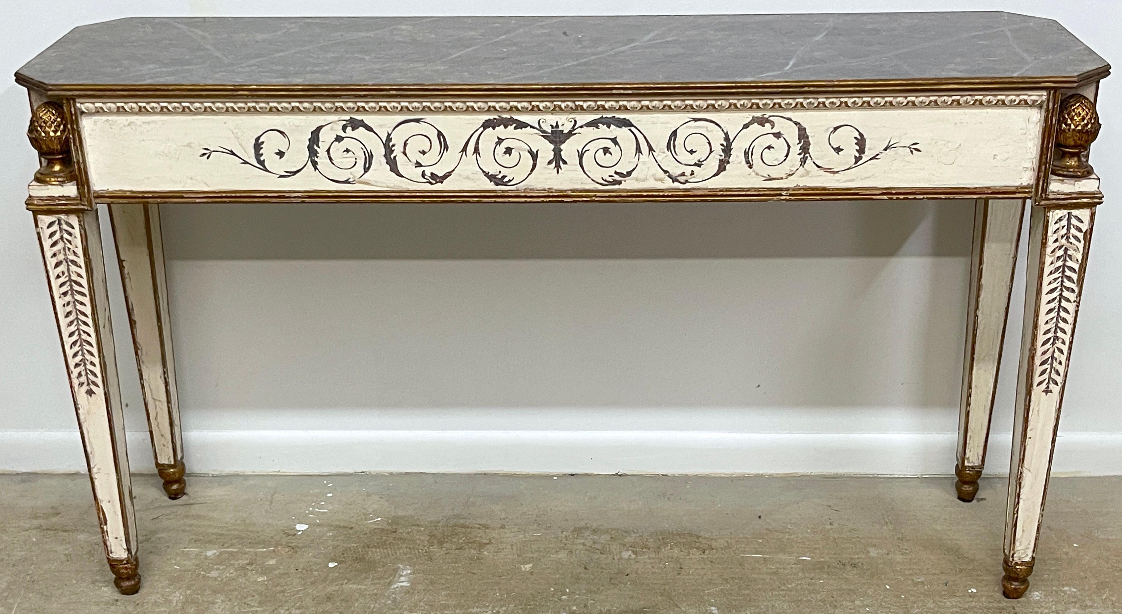 Fine Italian Painted and Gilt Neoclassical Console Table 
Italy, 20th century 

A fine Italian Painted and Gilt Neoclassical Console Table, a stunning piece from the 20th century. This exquisite table is a testament to Italian craftsmanship and
