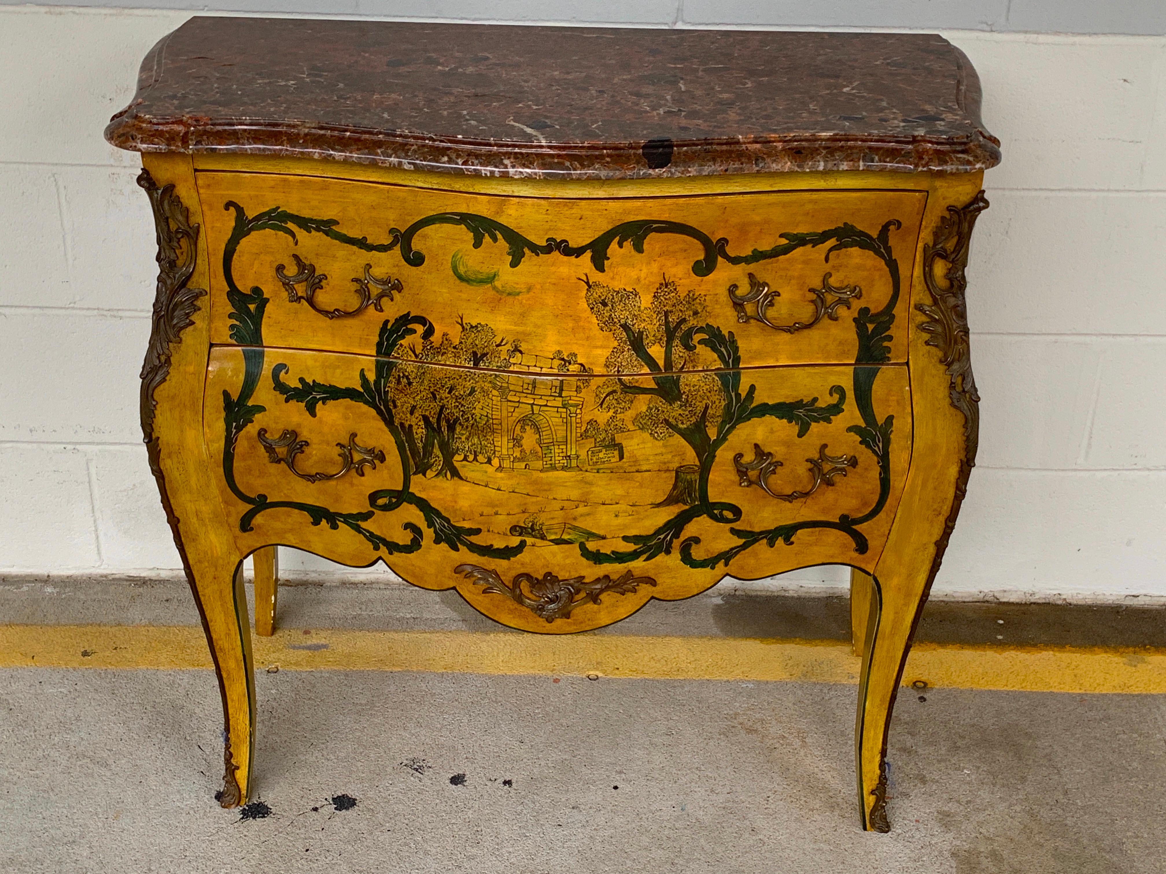 Fine Italian Piranesi topographical Polychromed marble top commode.
Painted with various views of Rome after Piranesi, with bronze hardware
inscribed 