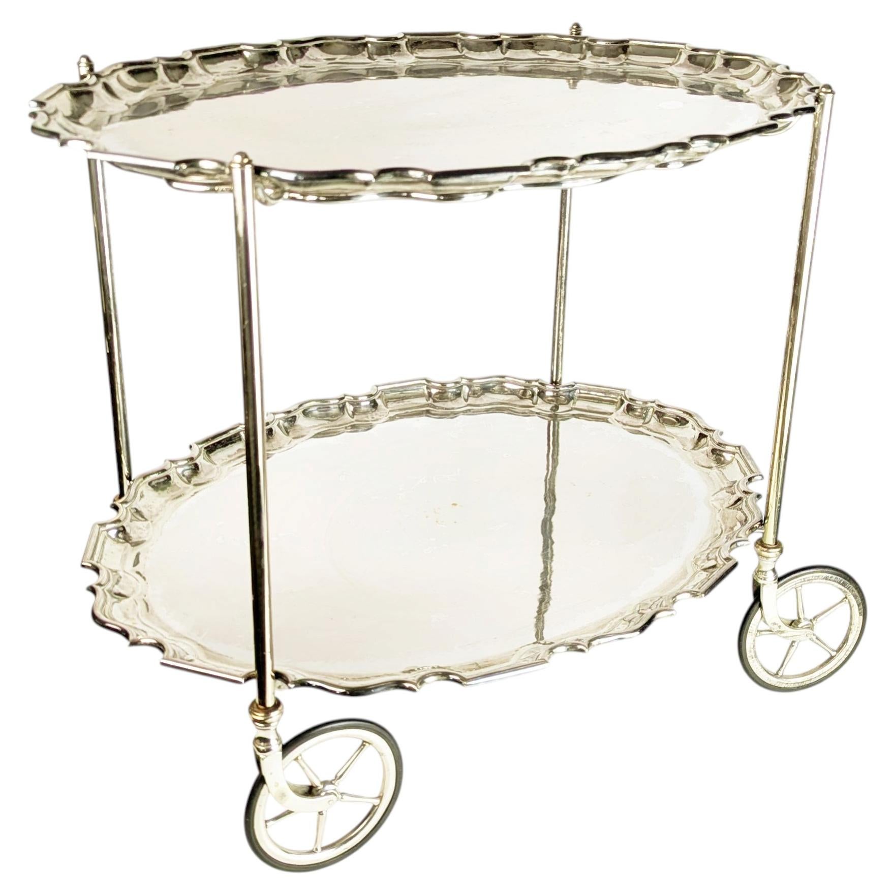 Fine Italian Silver Plated Metal Mid Century serving cart with removable trays