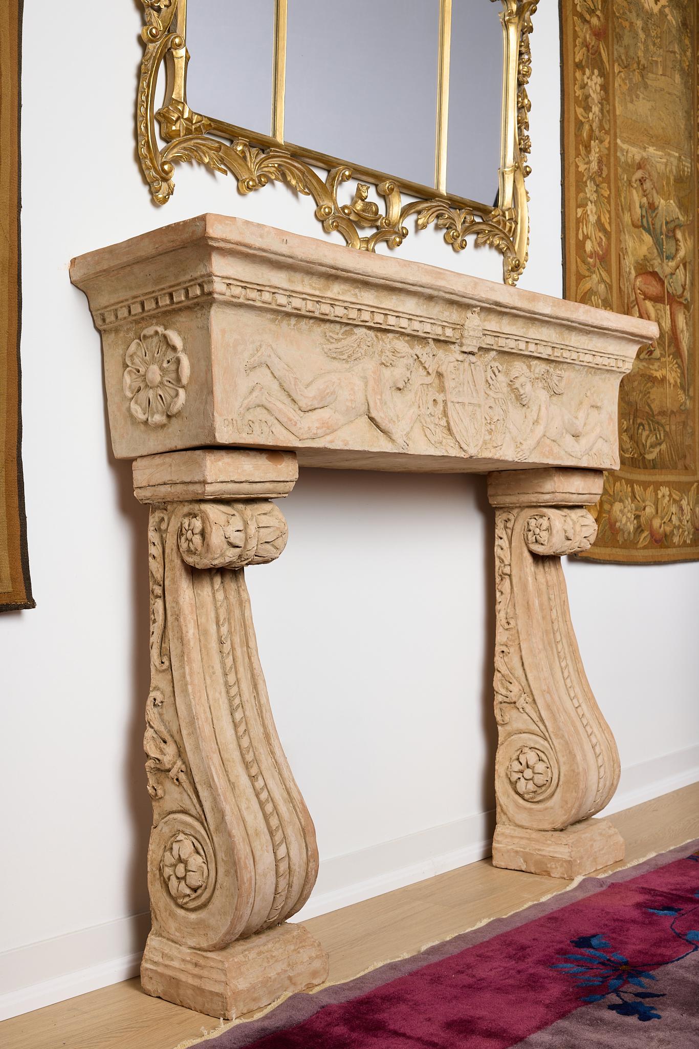 Classical Roman Fine Italian Terracotta Mantlepiece Early 20th Century For Sale
