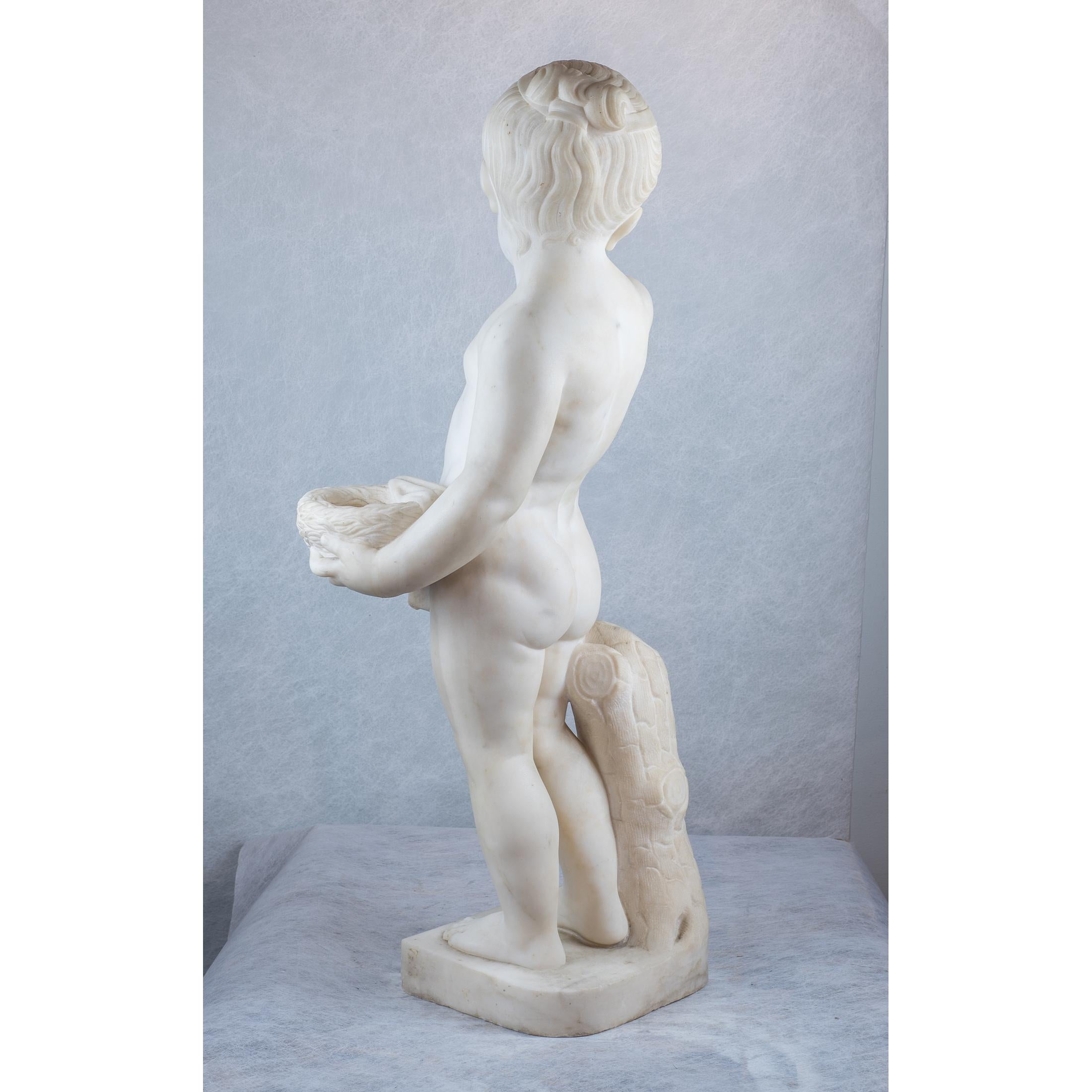Italian White Marble Sculpture Statue of a Boy Holding a Nest For Sale
