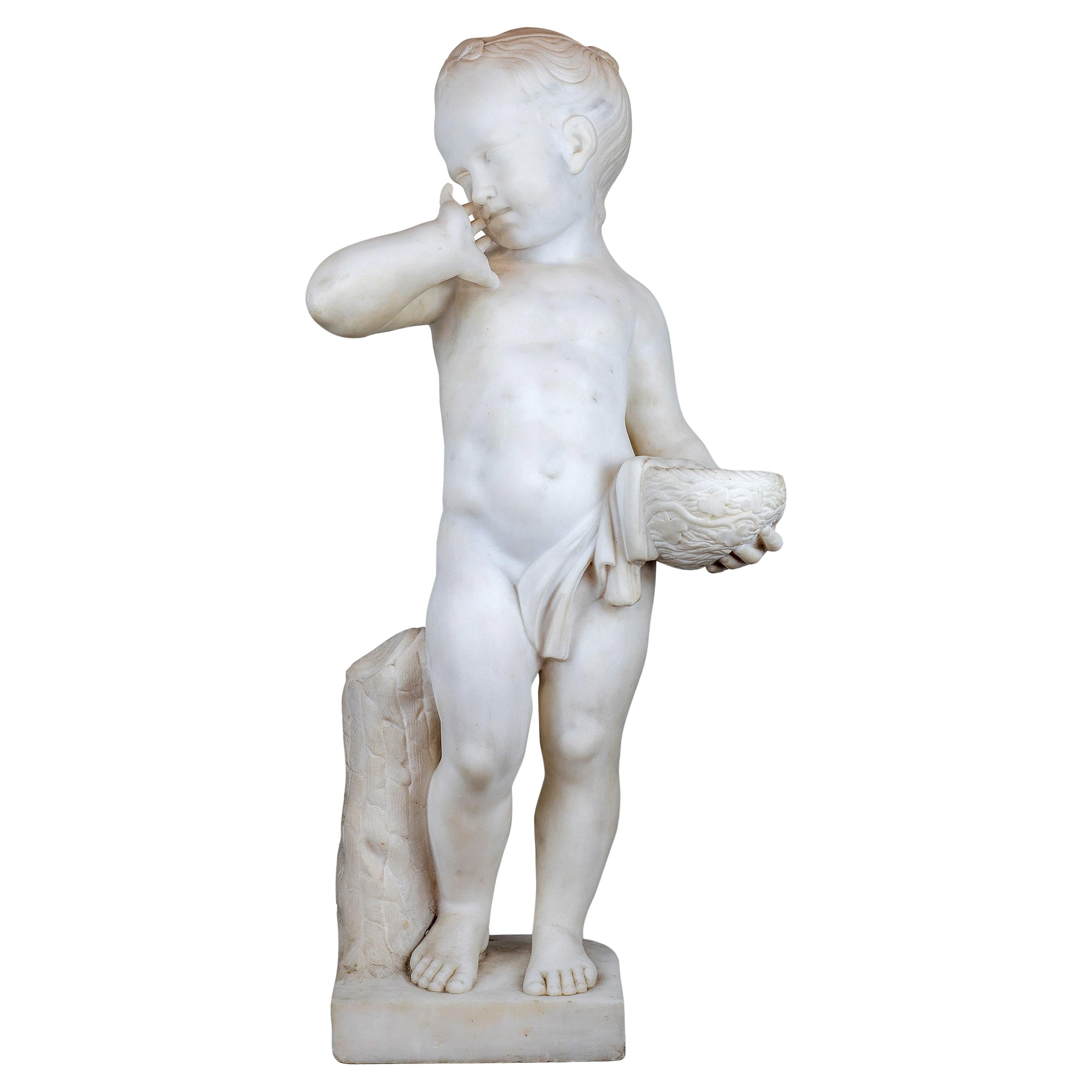 White Marble Sculpture Statue of a Boy Holding a Nest For Sale