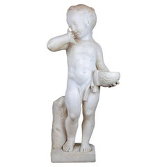 White Marble Sculpture Statue of a Boy Holding a Nest