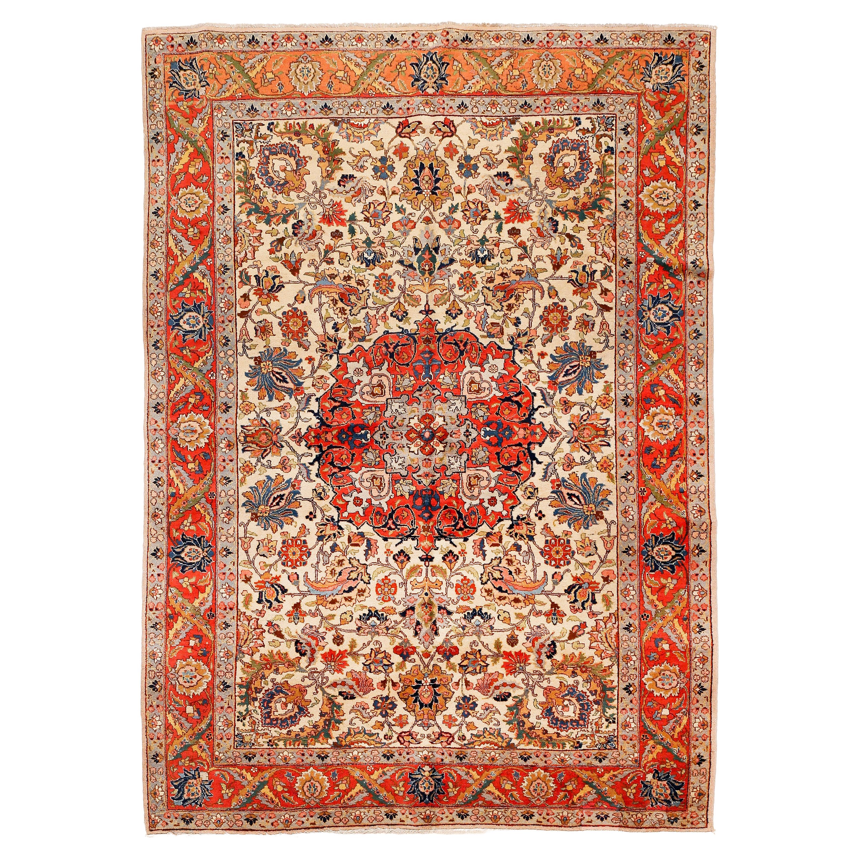 Tapis antique Tabriz Benlian à fond ivoire