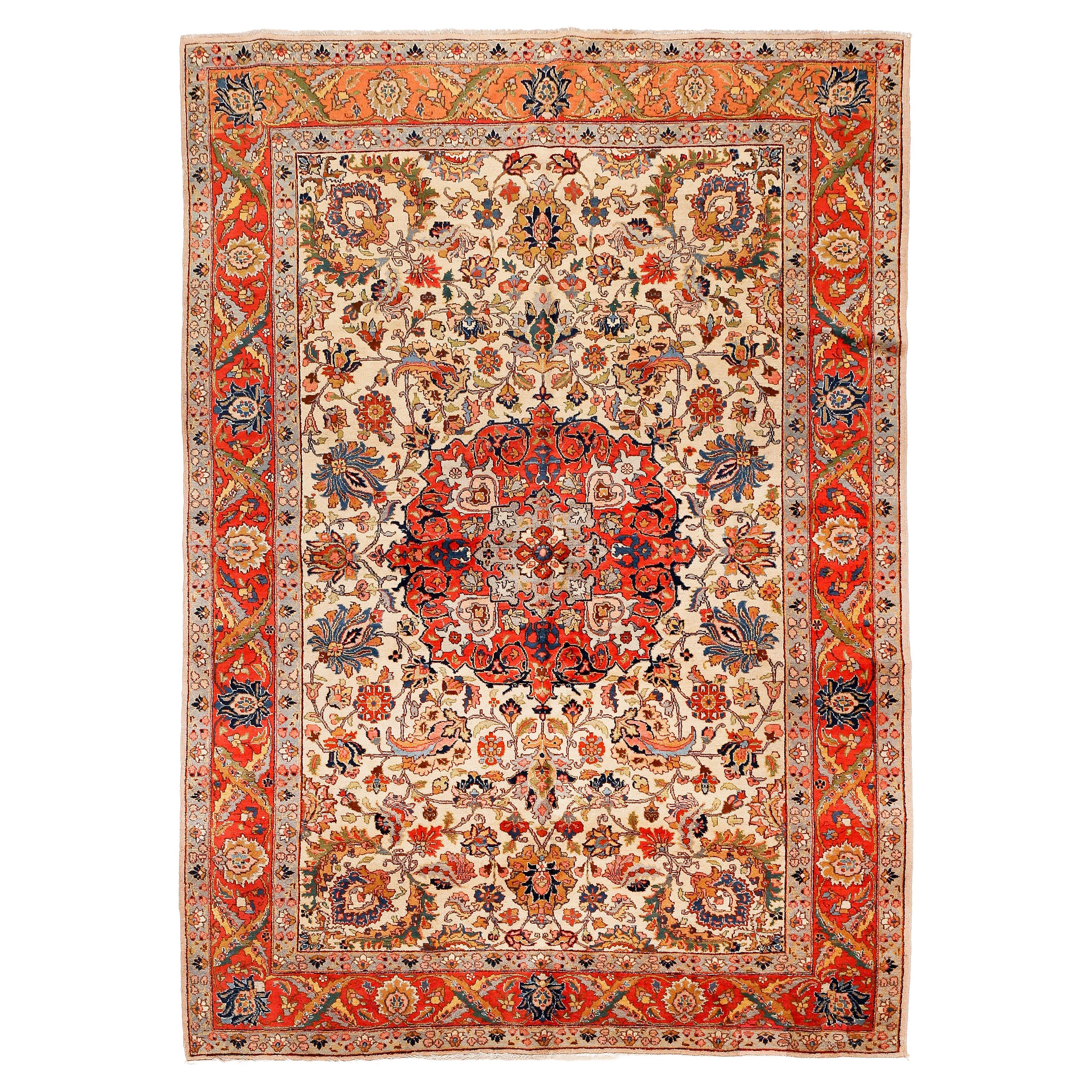 Fine Ivory Background Antique Tabriz Benlian Rug For Sale