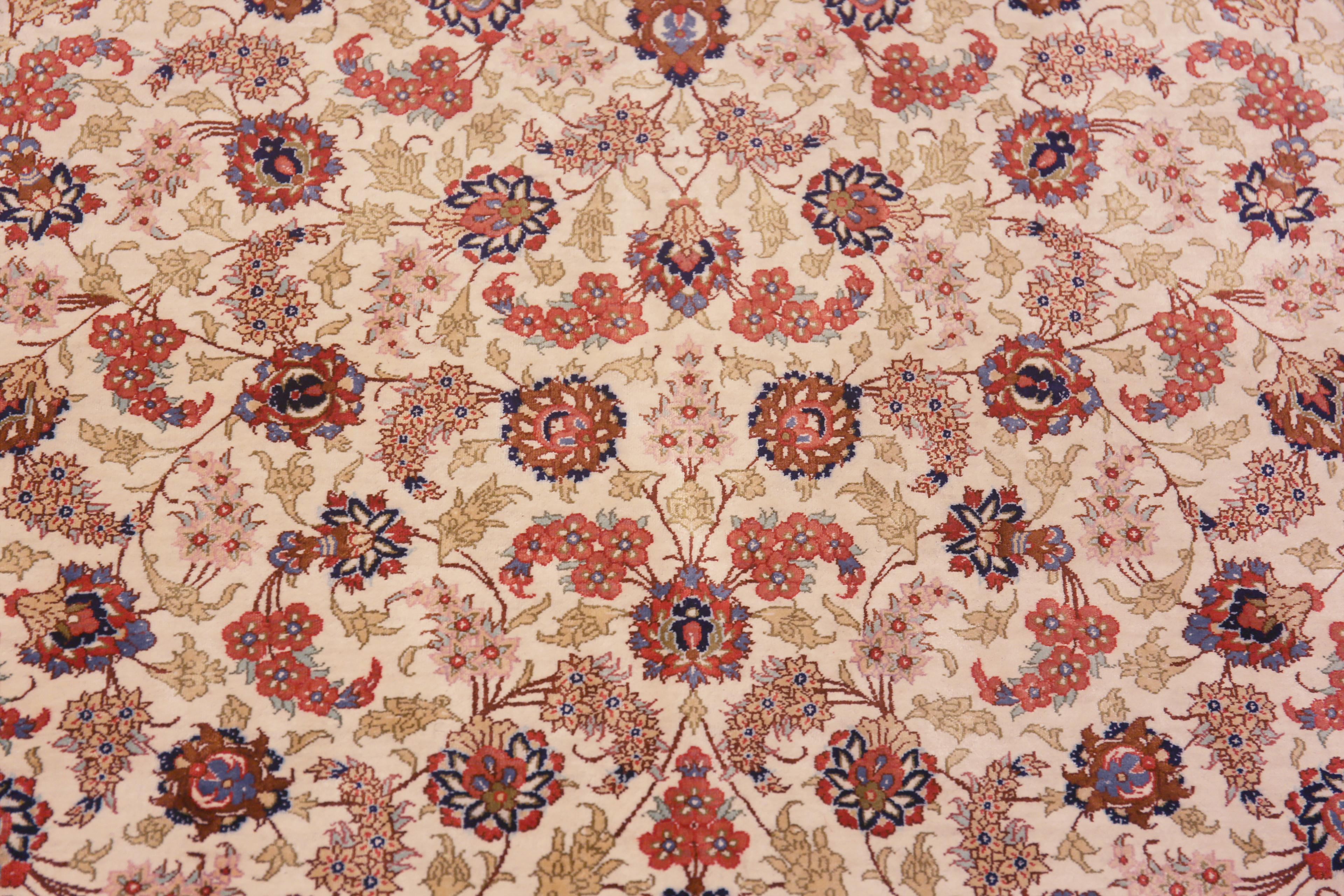 Tabriz Fine Ivory Color Floral Design Vintage Persian Silk Qum Luxury Rug 3'5