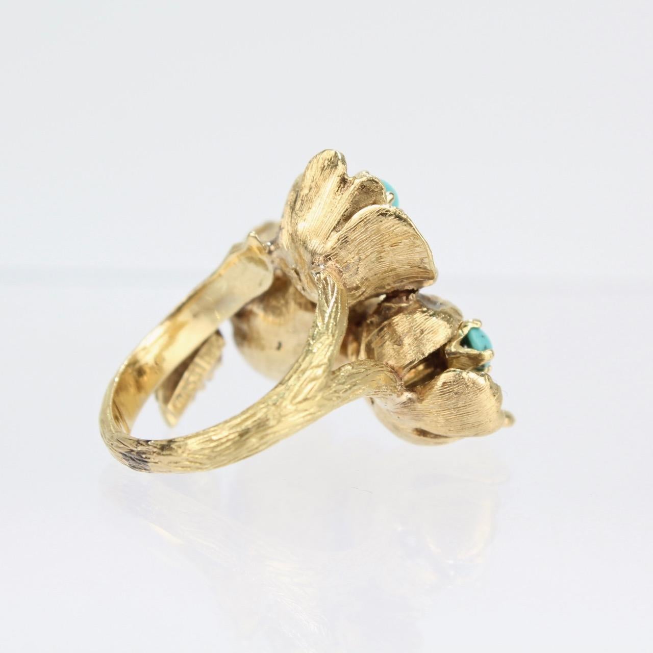 Fine J Rossi 18 Karat Gold and Turquoise Cluster Figural Flower Ring 3