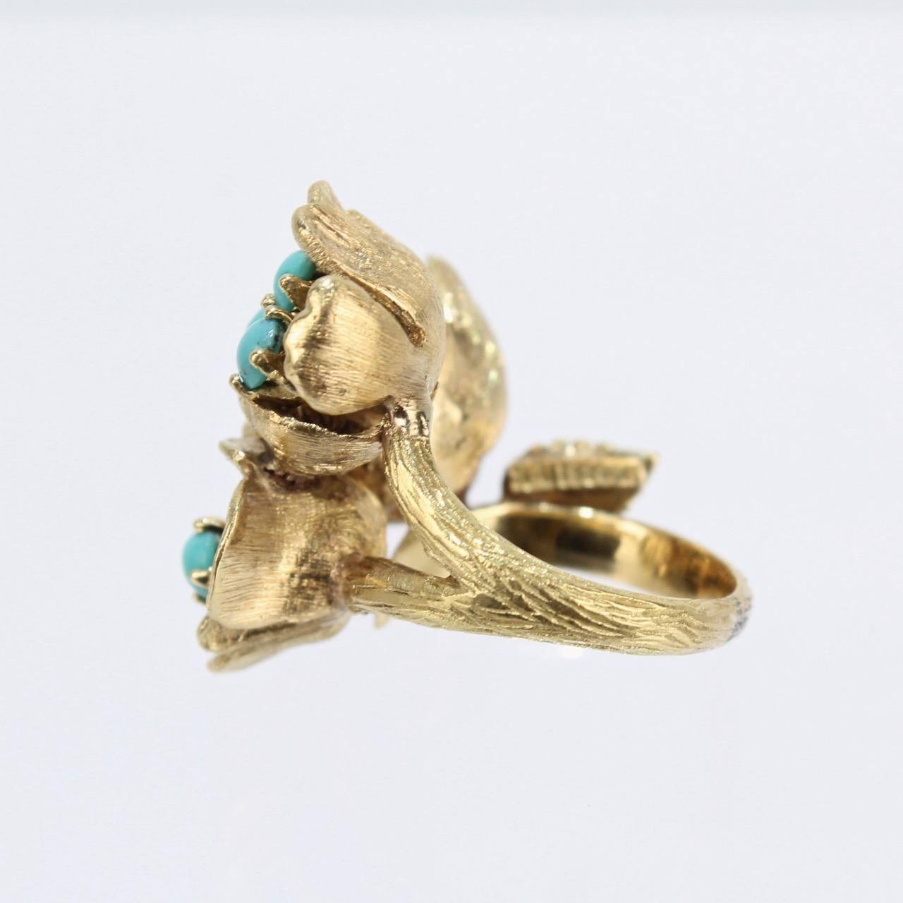 Fine J Rossi 18 Karat Gold and Turquoise Cluster Figural Flower Ring 5