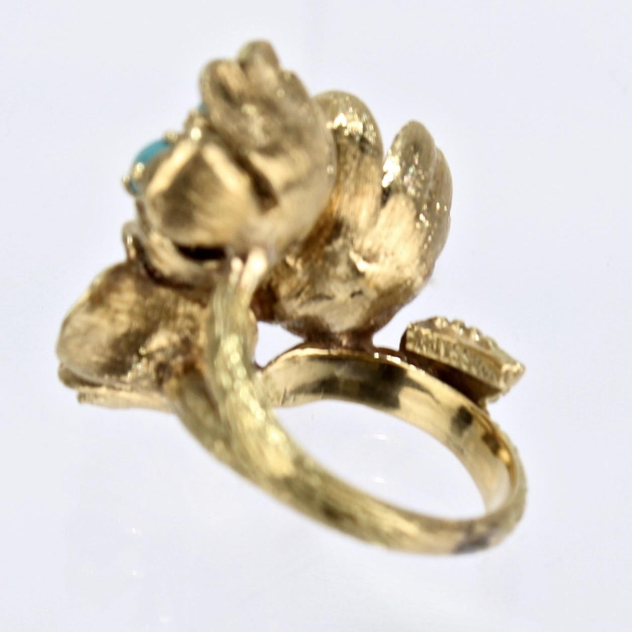 Fine J Rossi 18 Karat Gold and Turquoise Cluster Figural Flower Ring 6