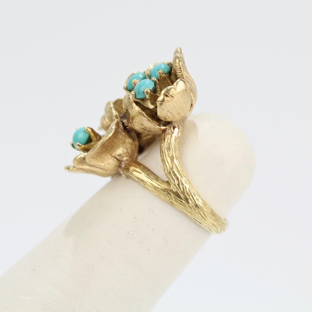 Modernist Fine J Rossi 18 Karat Gold and Turquoise Cluster Figural Flower Ring