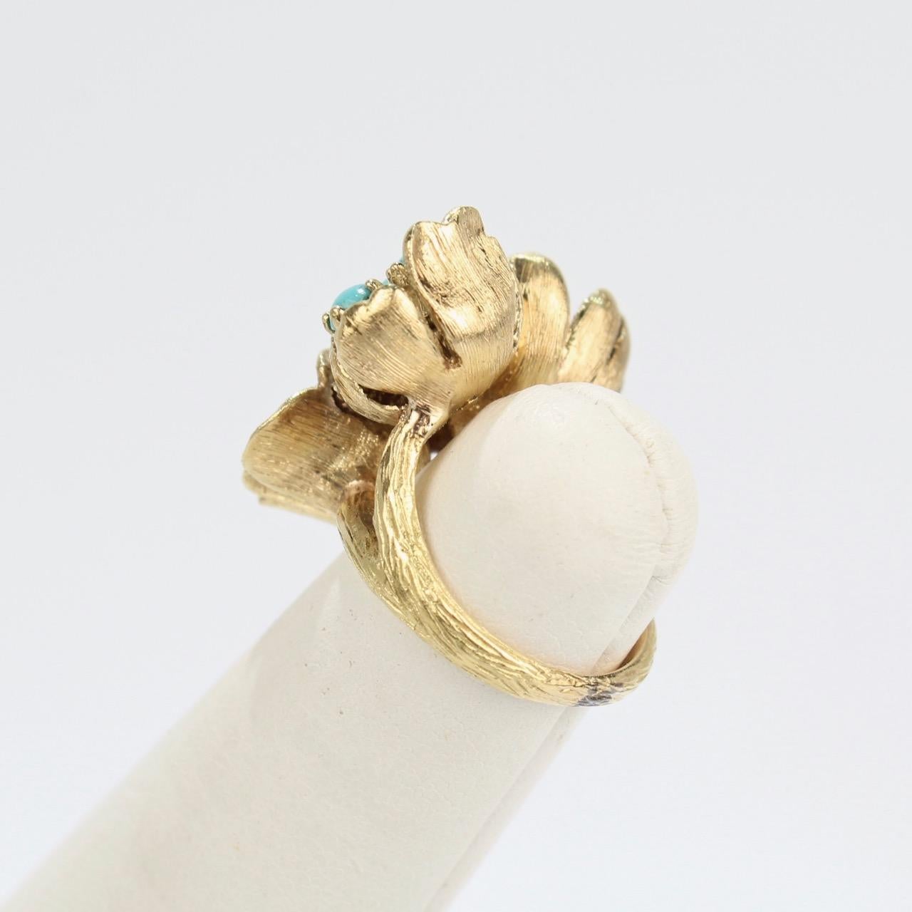 Cabochon Fine J Rossi 18 Karat Gold and Turquoise Cluster Figural Flower Ring