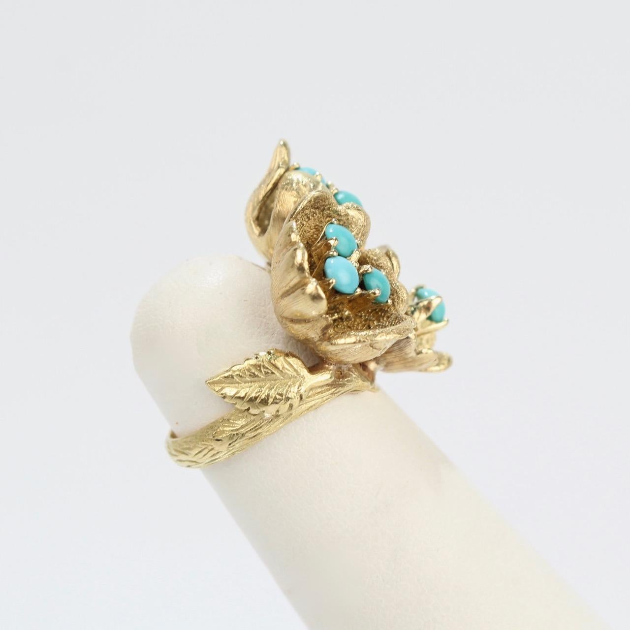 Women's Fine J Rossi 18 Karat Gold and Turquoise Cluster Figural Flower Ring