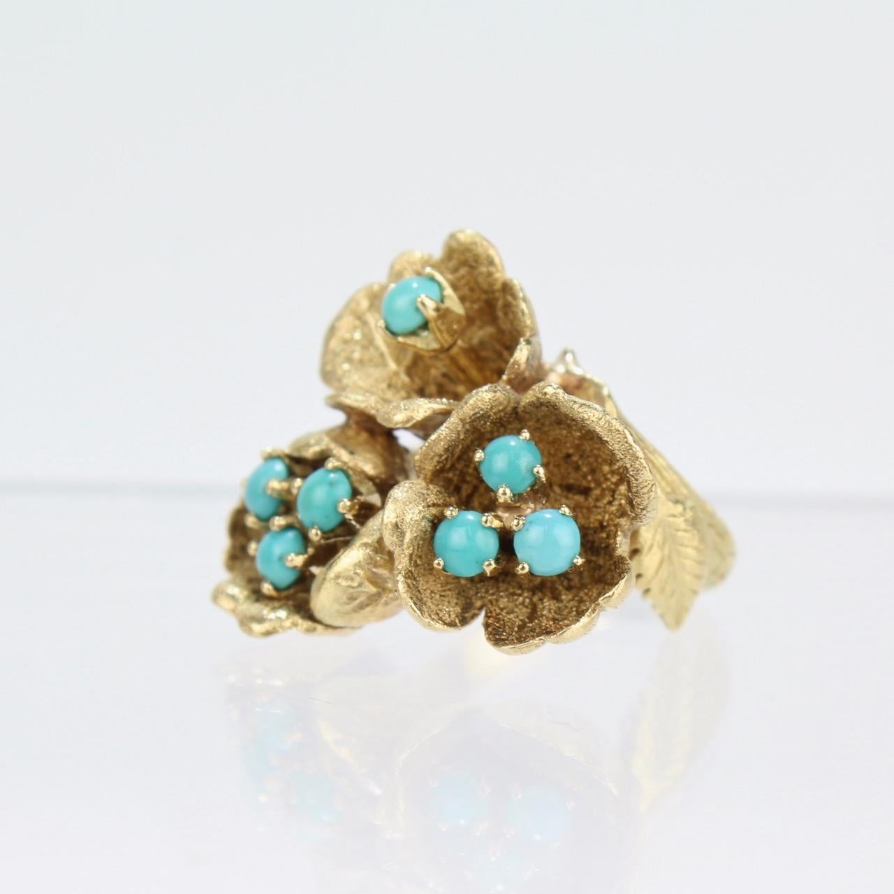 Fine J Rossi 18 Karat Gold and Turquoise Cluster Figural Flower Ring 1