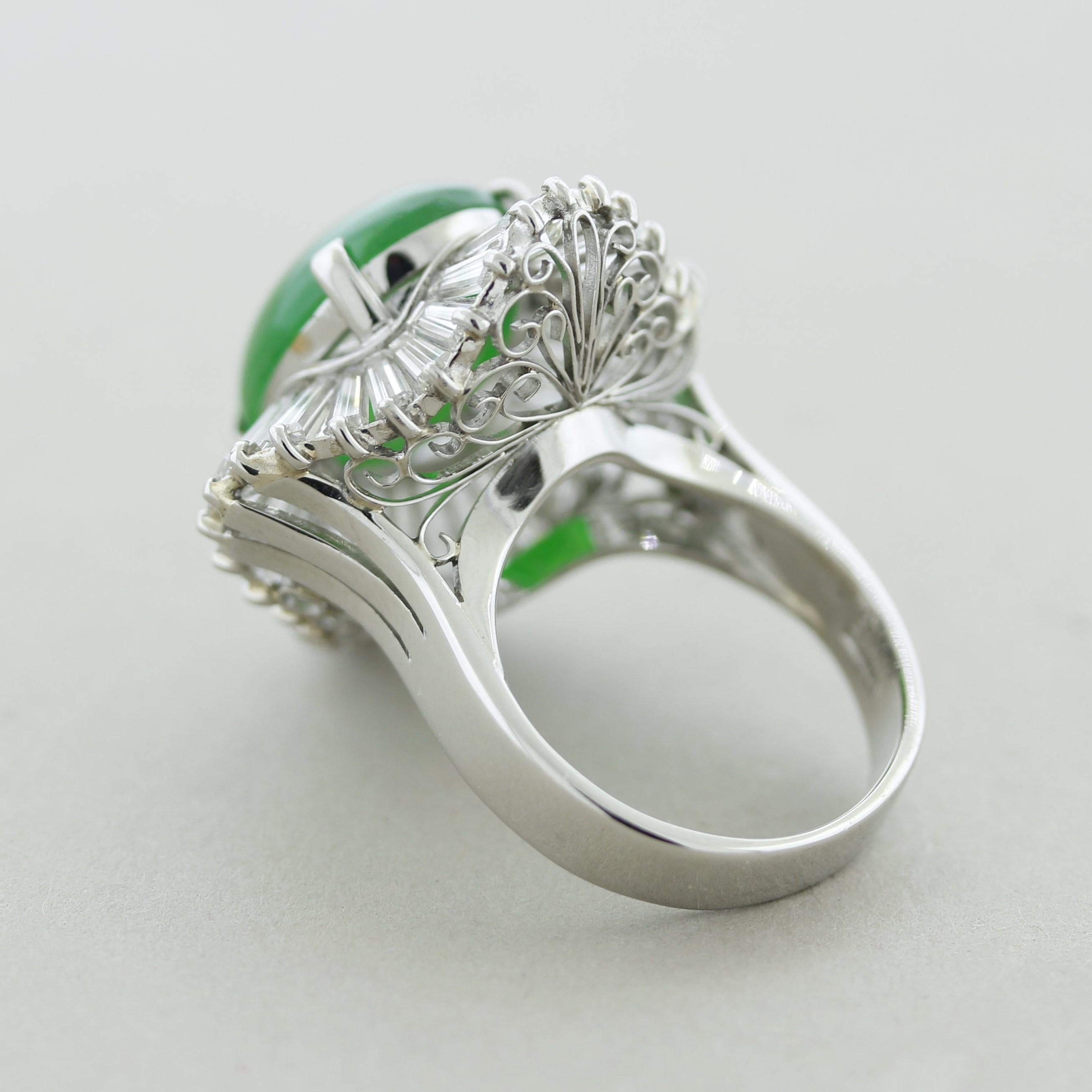Fine Jadeite Jade Diamond Platinum Ballerina Ring In New Condition For Sale In Beverly Hills, CA