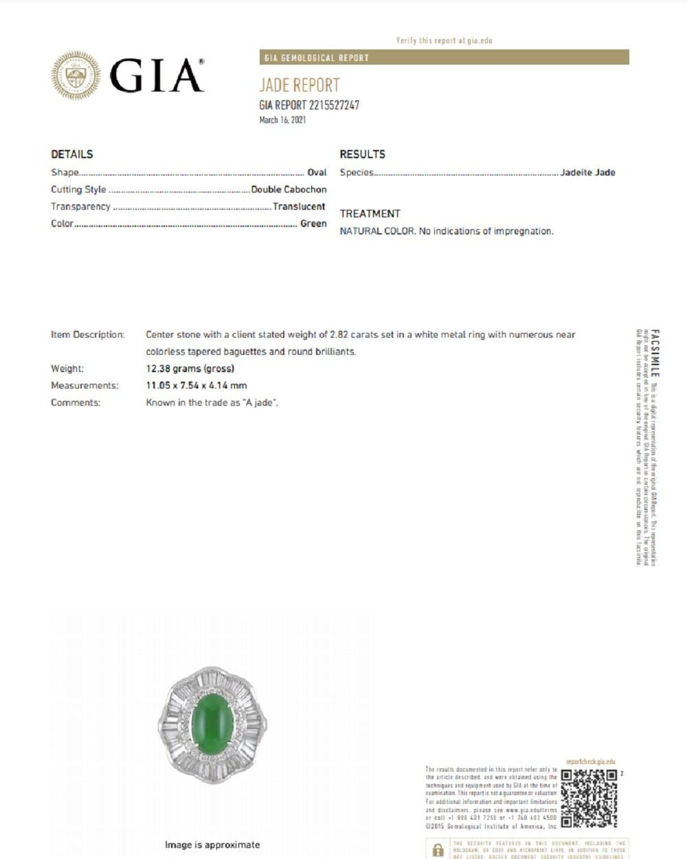 Fine Jadeite Jade Diamond Platinum Ballerina Ring, GIA Certified For Sale 2