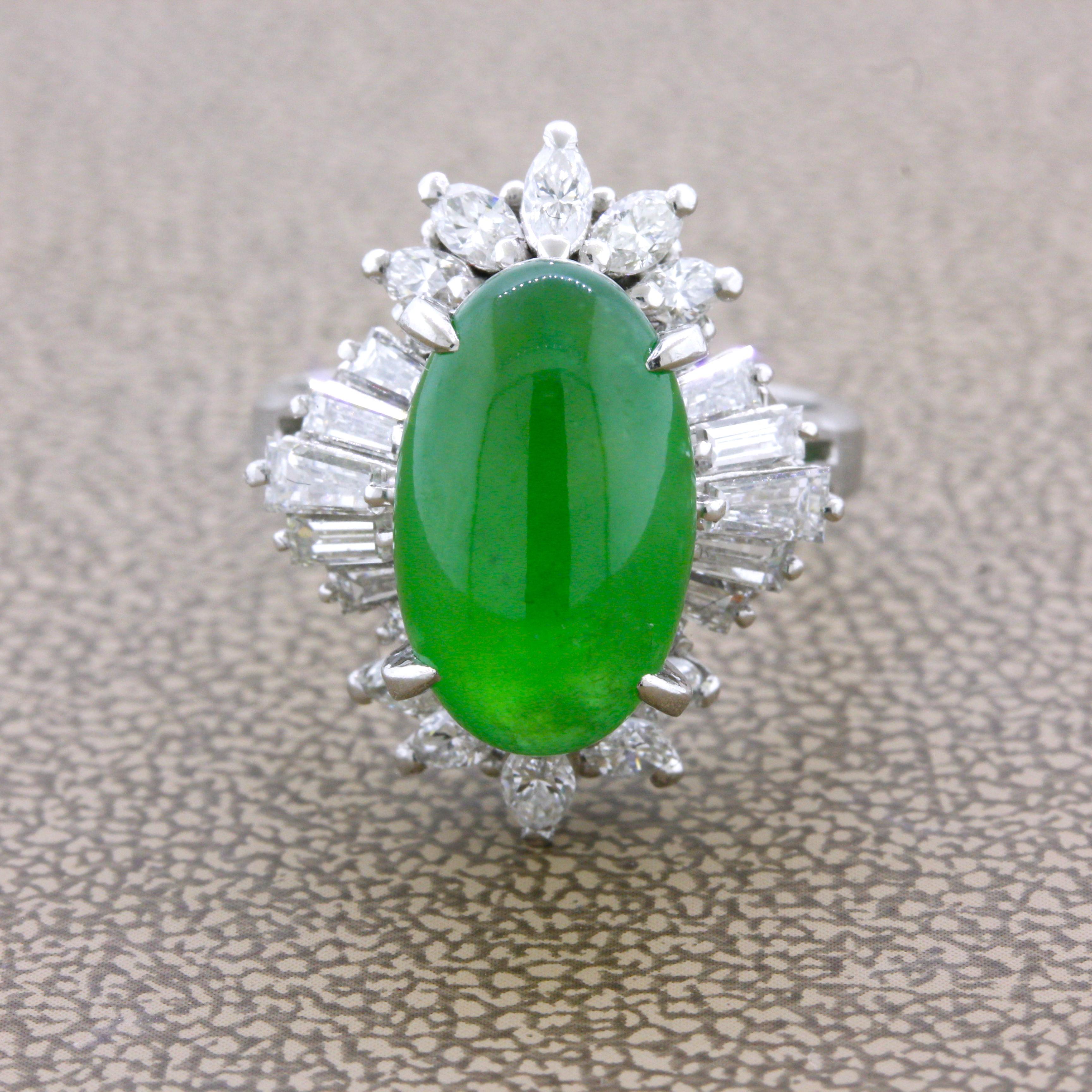 An impressive piece of fine gem quality jade takes center stage. It weighs 5.21 carats and is certified by the GIA natural “type A” jade with no treatment of any kind. This is especially impressive as the jade has a rich apple green color along with