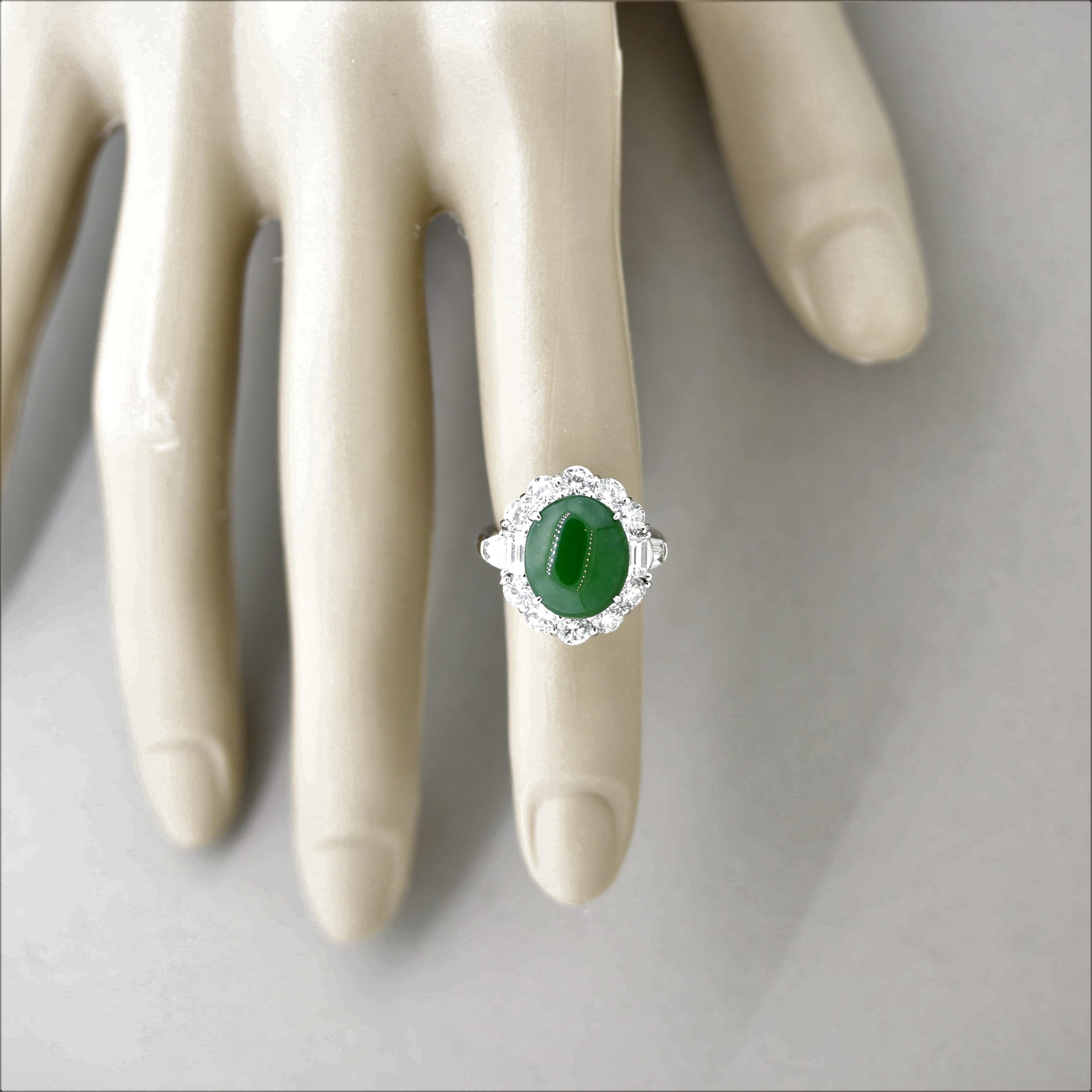 Mixed Cut Fine Jadeite Jade Diamond Platinum Ring, GIA Certified For Sale
