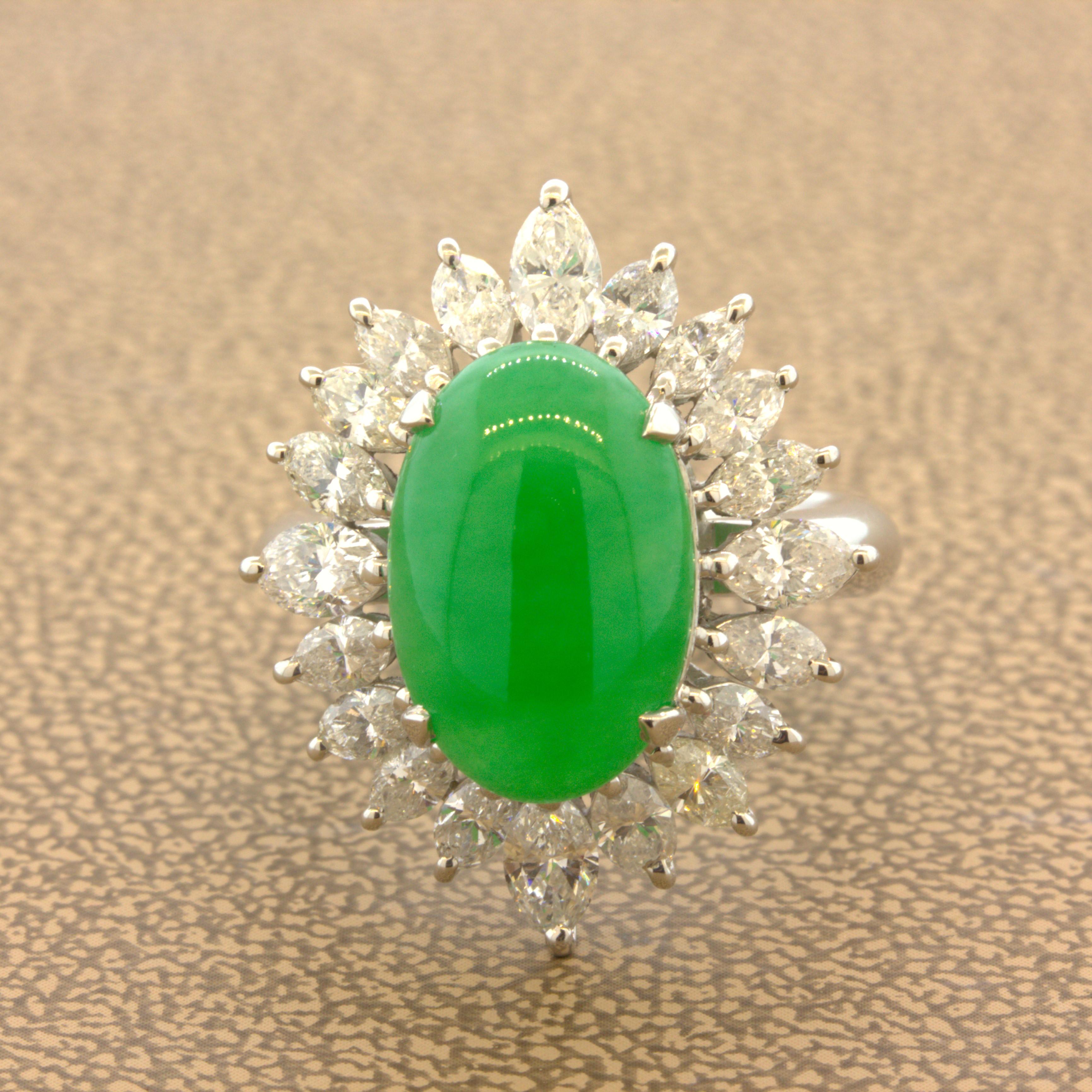 Women's Fine Jadeite Jade Diamond Sunburst Platinum Ring, GIA Certified Tyle A For Sale