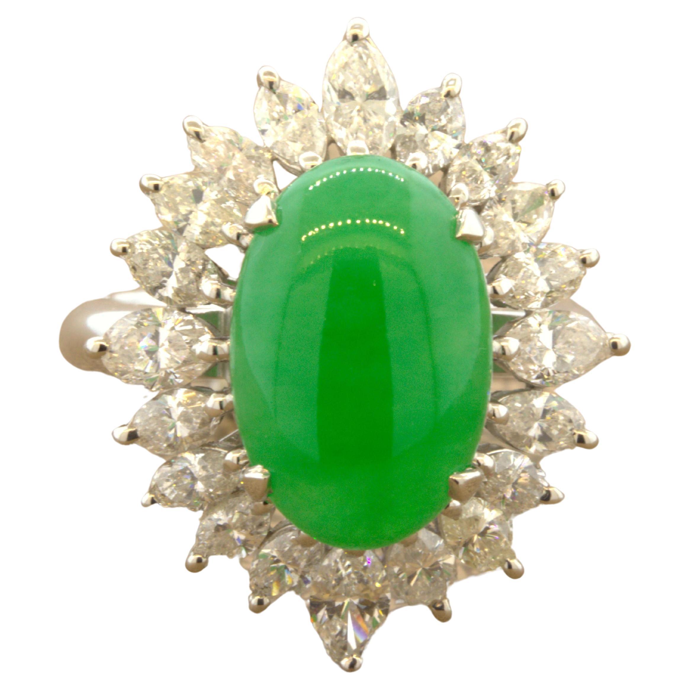 Fine Jadeite Jade Diamond Sunburst Platinum Ring, GIA Certified Tyle A For Sale
