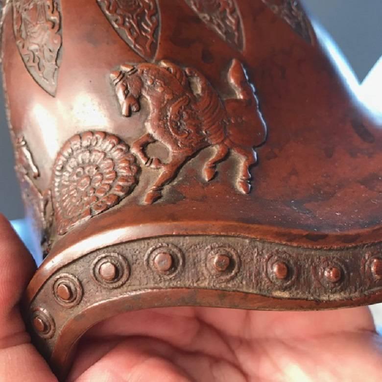 Fine Japan Antique Cast Red Bronze Horses Fire Bell Superb Patina, 19th Century 4