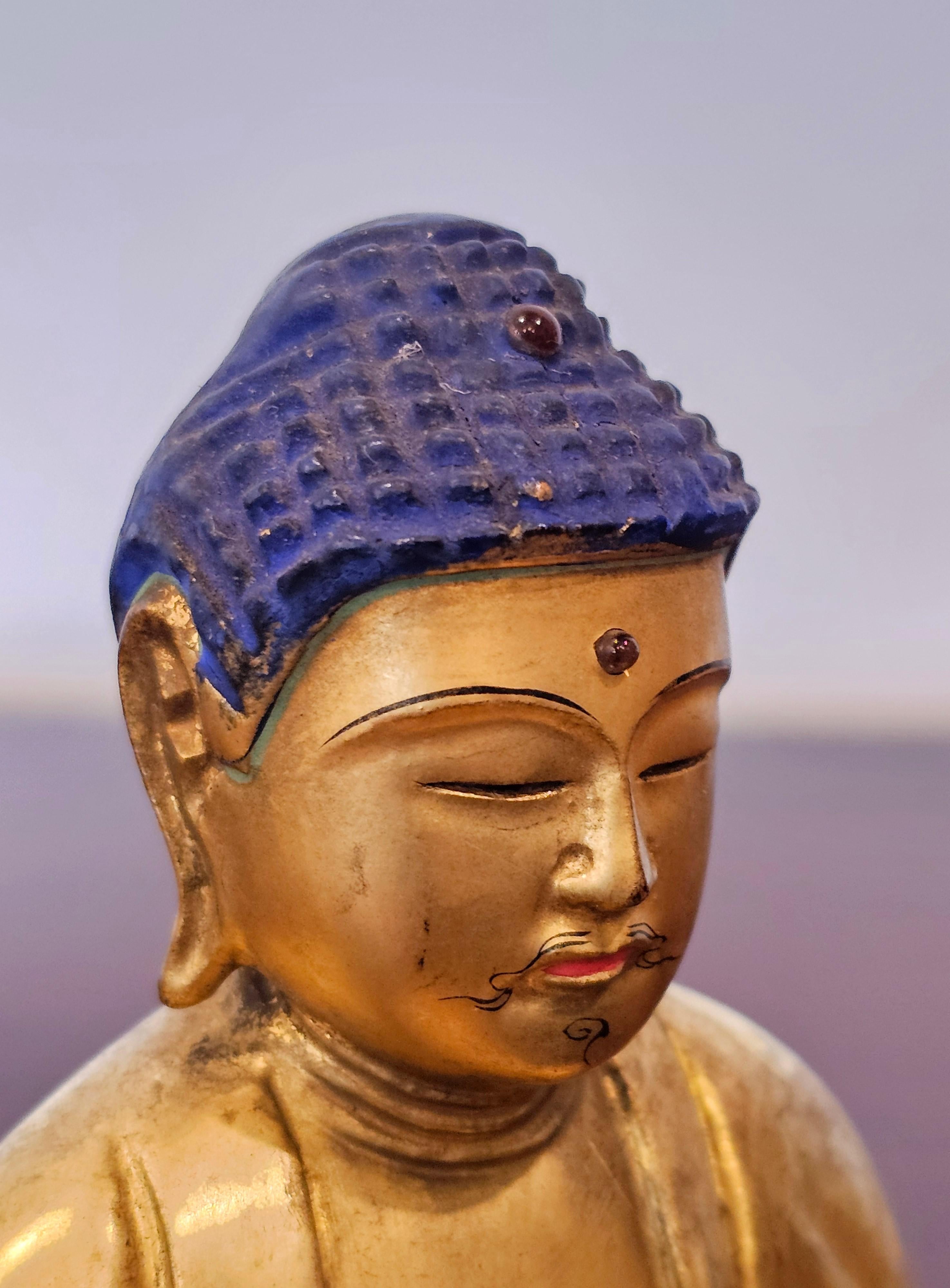 Multi-gemstone Fine Japanese 19th century Gem Mounted Carved Lacquered Gilt Wood Buddha Figure
