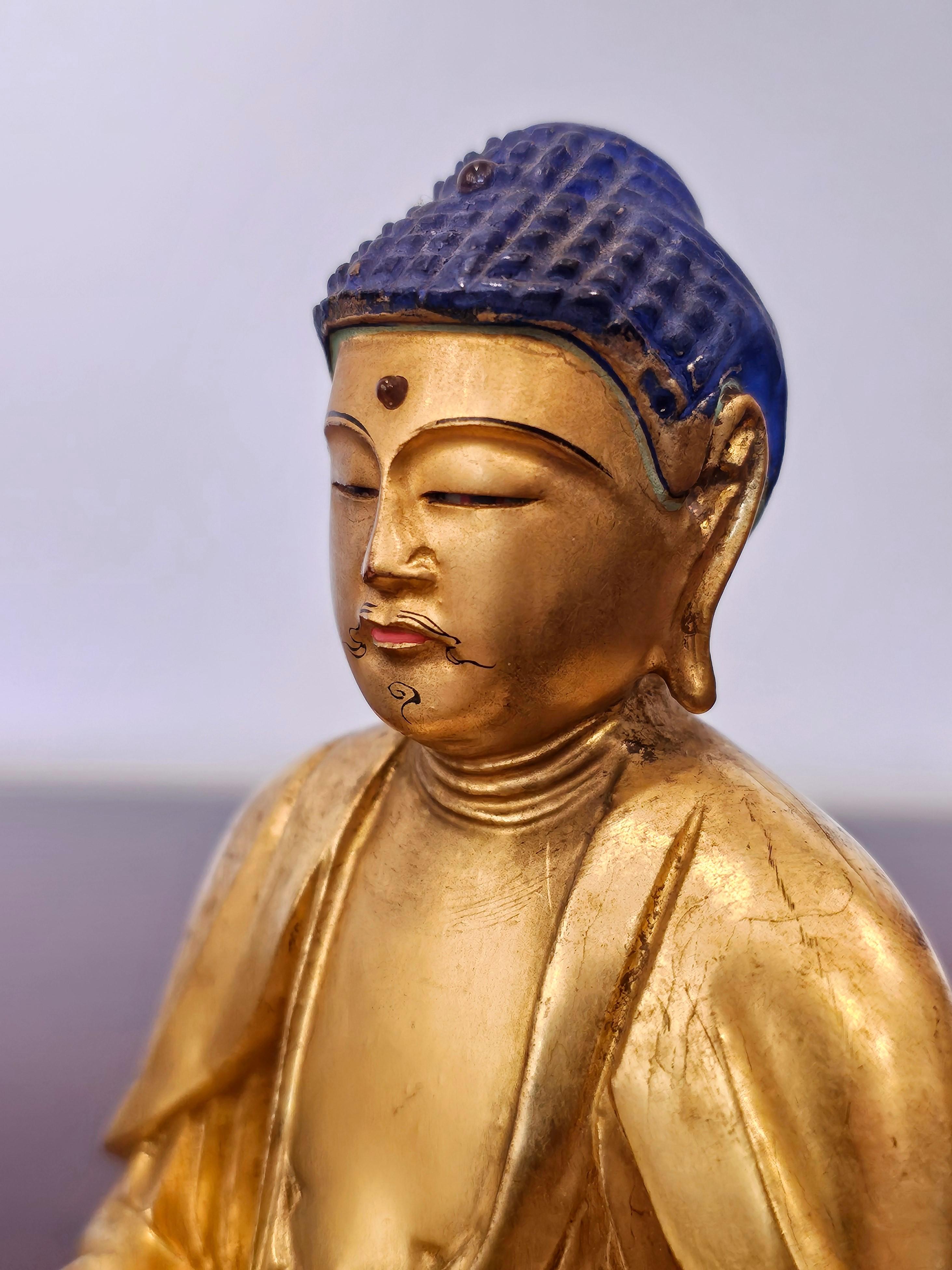 Fine Japanese 19th century Gem Mounted Carved Lacquered Gilt Wood Buddha Figure 1