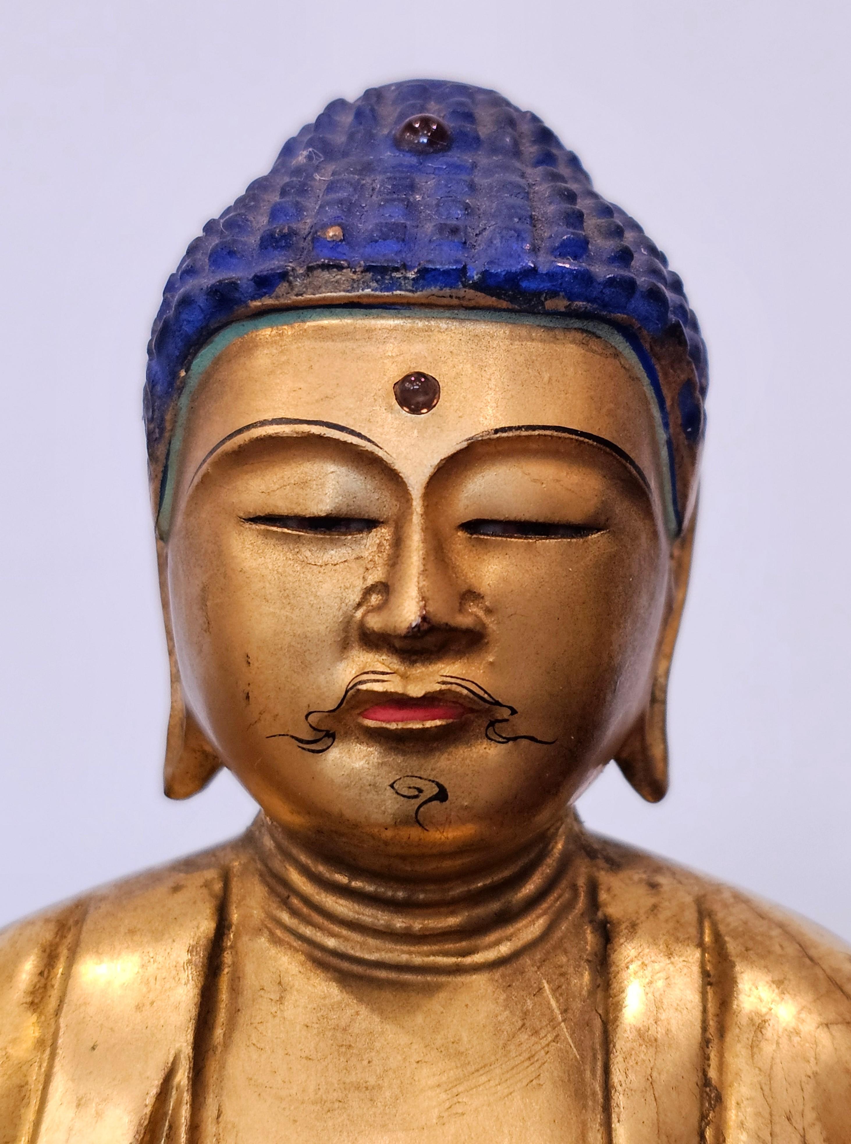 Fine Japanese 19th century Gem Mounted Carved Lacquered Gilt Wood Buddha Figure 2