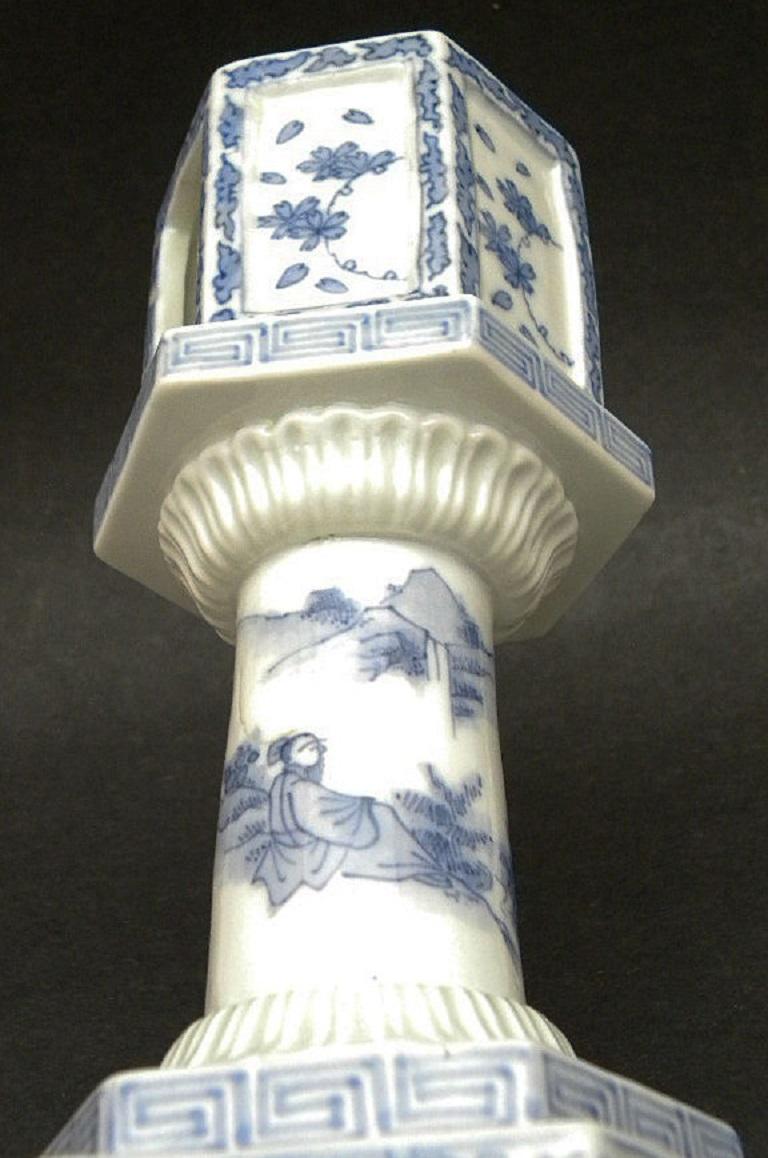 Fine Japanese Antique Candleholder Censer Blue & White Hand Painted 19th Century 5