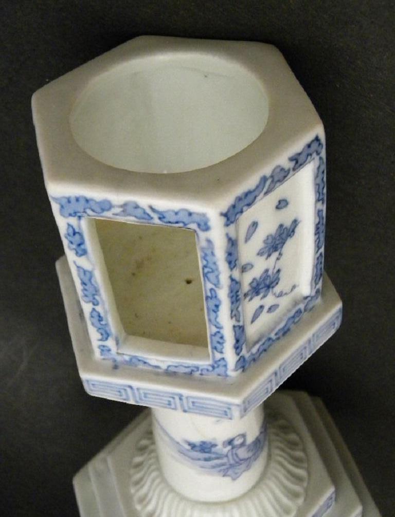 Fine Japanese Antique Candleholder Censer Blue & White Hand Painted 19th Century 6