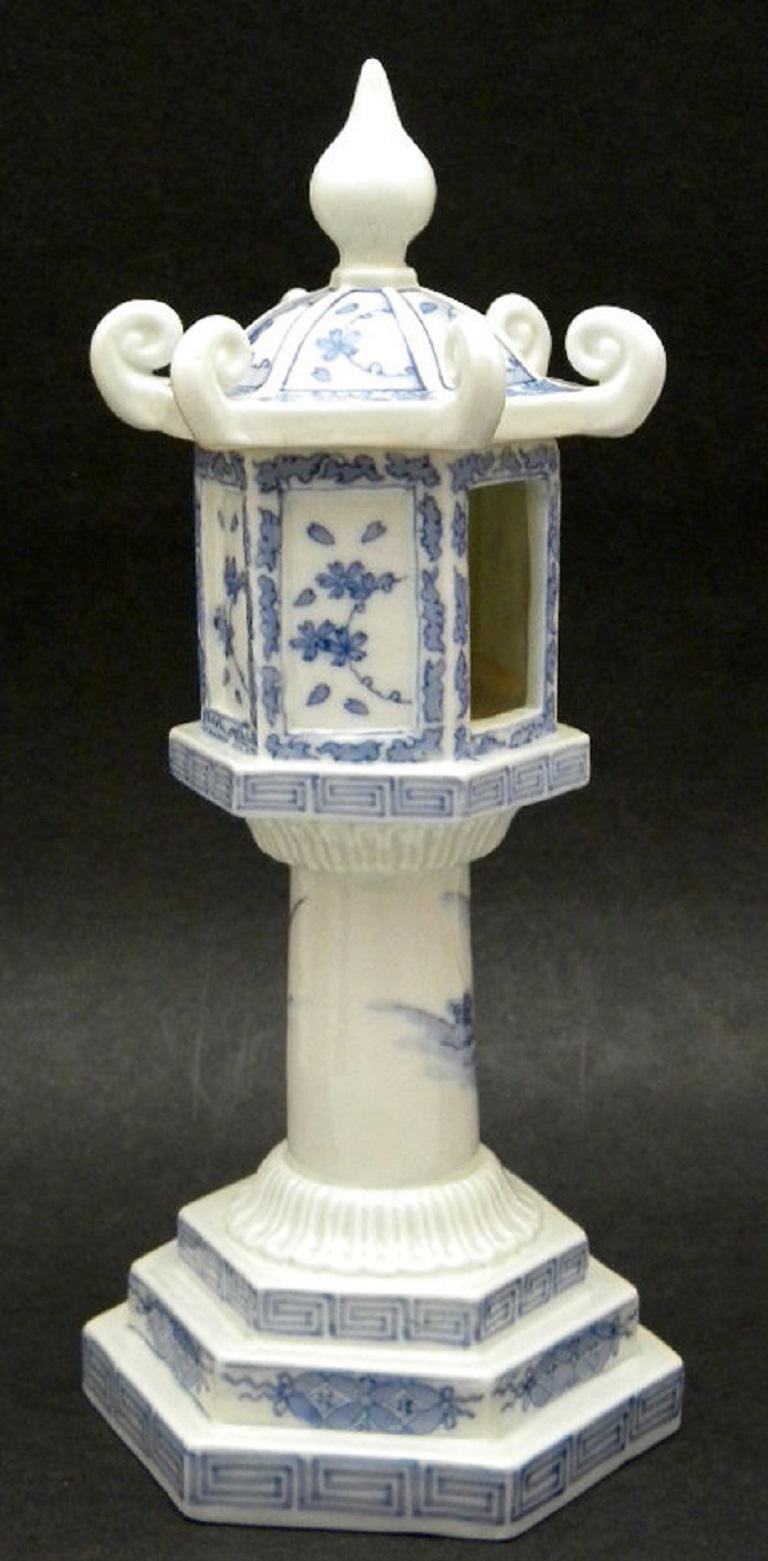 Meiji Fine Japanese Antique Candleholder Censer Blue & White Hand Painted 19th Century