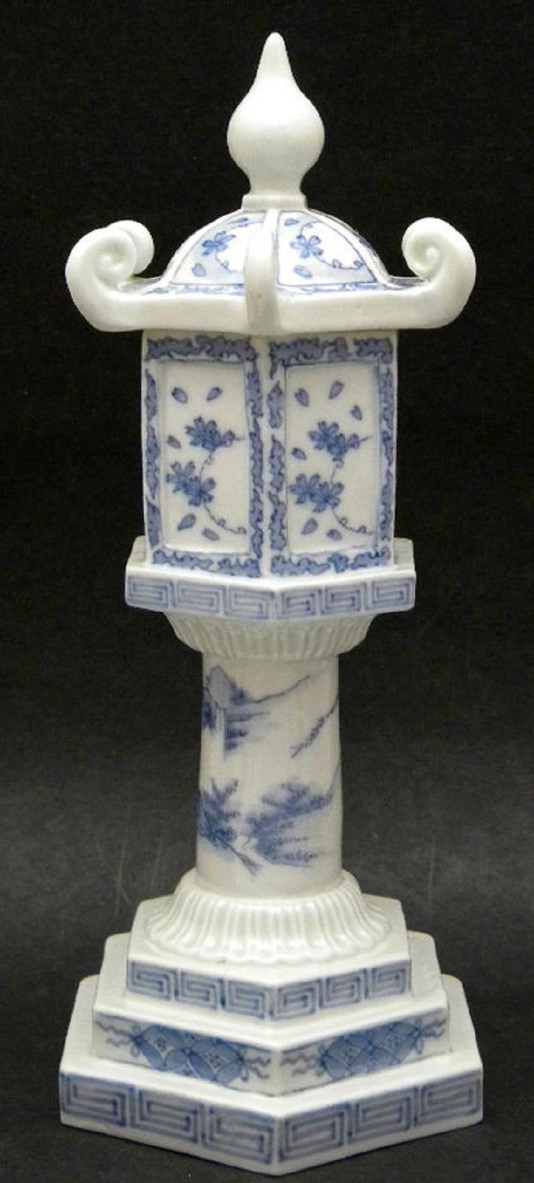 Hand-Painted Fine Japanese Antique Candleholder Censer Blue & White Hand Painted 19th Century