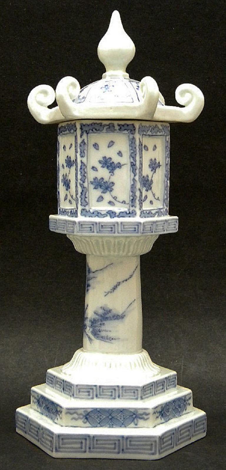 Ceramic Fine Japanese Antique Candleholder Censer Blue & White Hand Painted 19th Century