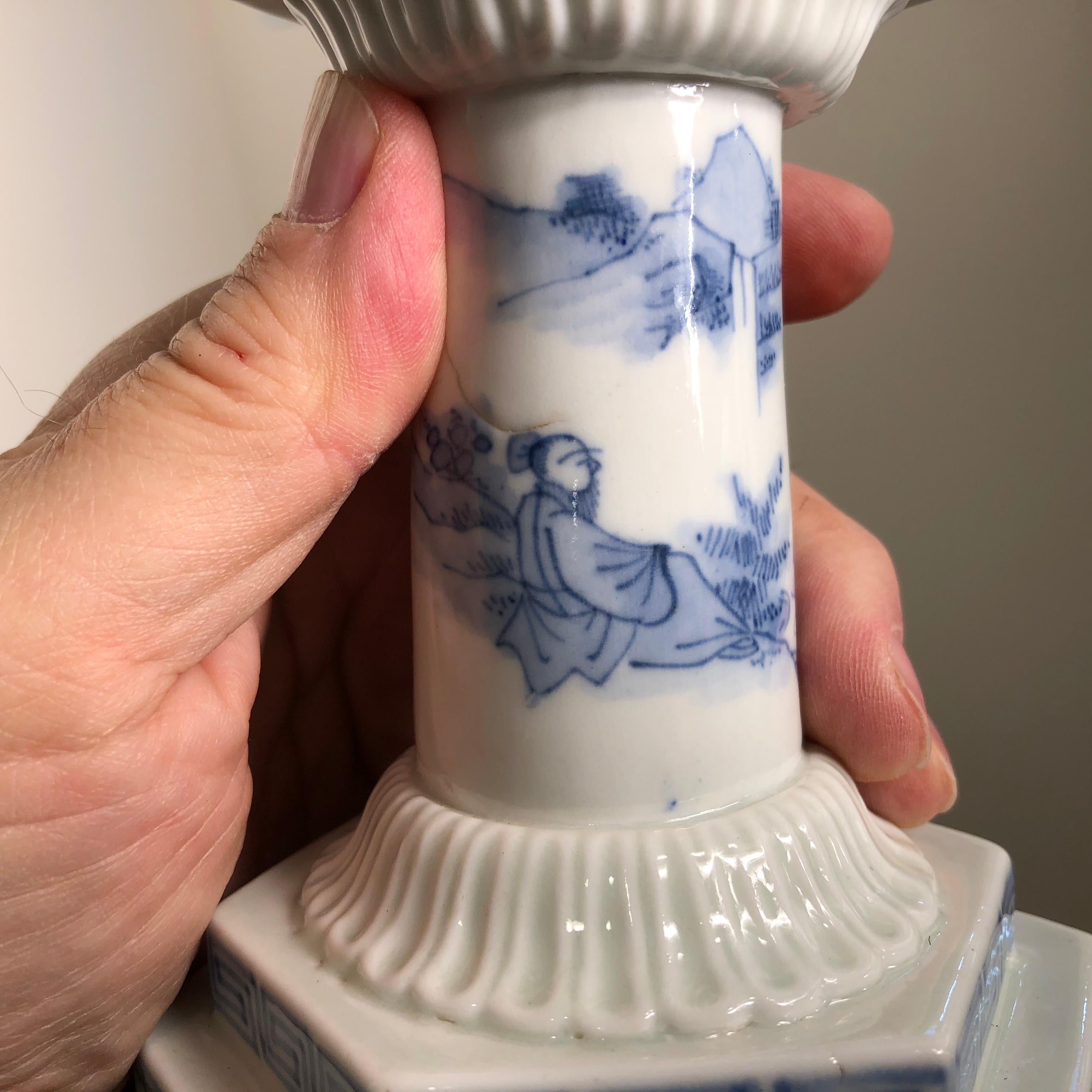 Fine Japanese Antique Candleholder Censer Blue & White Hand Painted 19th Century 2