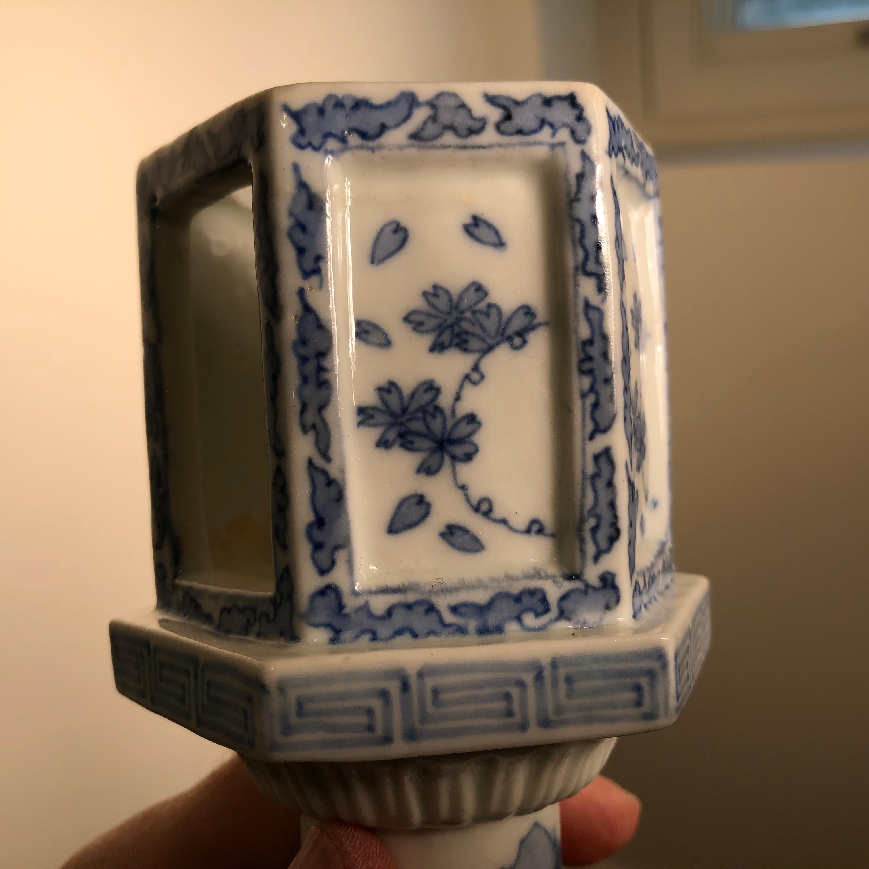 Fine Japanese Antique Candleholder Censer Blue & White Hand Painted 19th Century 3