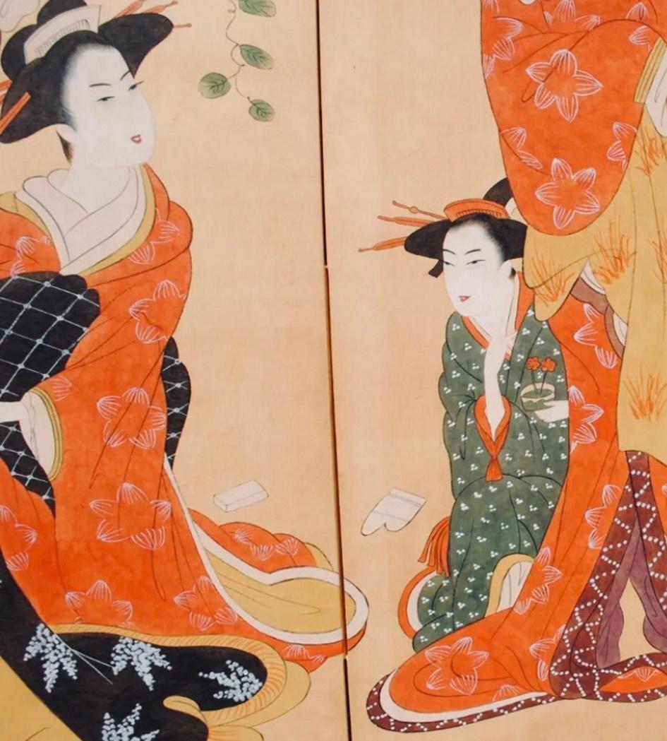 Japonisme Fine Japanese Art Deco Ukiyo-e Style 4-Panel Screen with Six Geishas, Ca. 1920