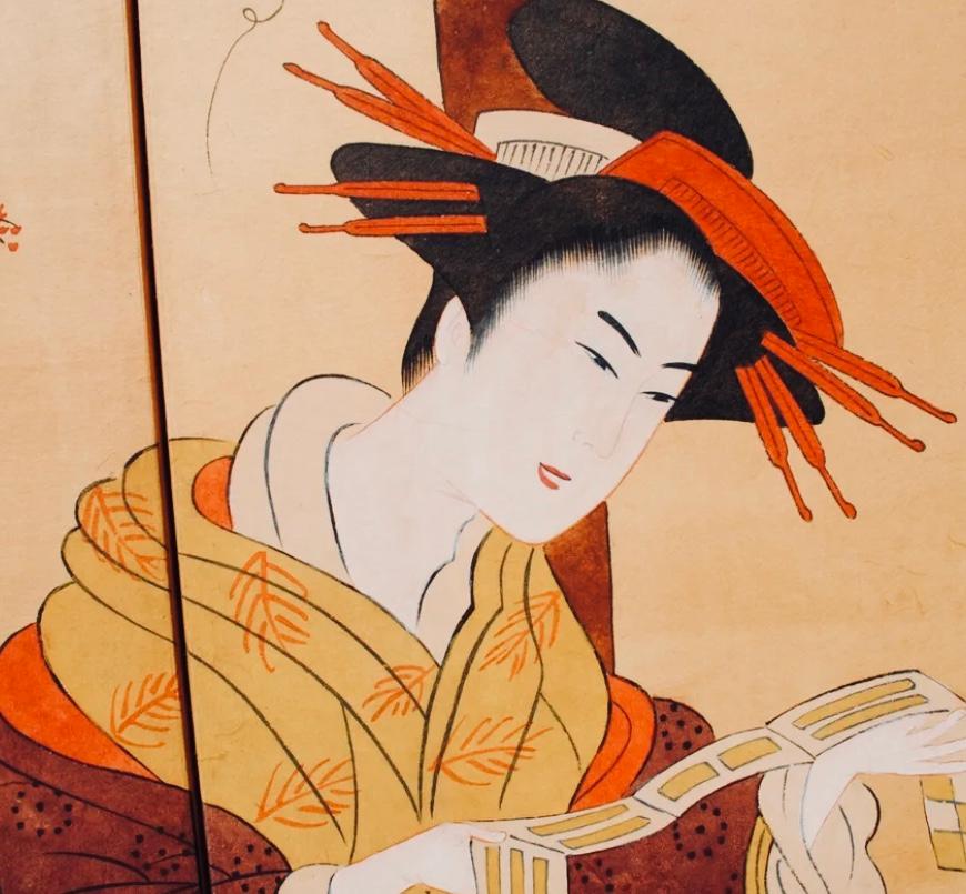 Fine Japanese Art Deco Ukiyo-e Style 4-Panel Screen with Six Geishas, Ca. 1920 In Good Condition In New York, NY