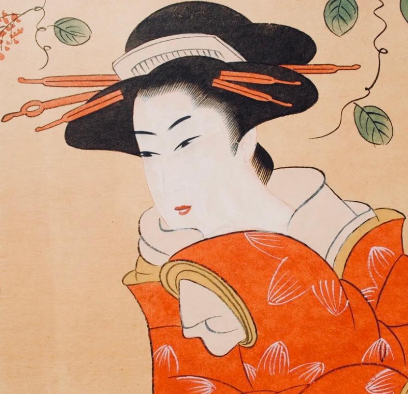 Early 20th Century Fine Japanese Art Deco Ukiyo-e Style 4-Panel Screen with Six Geishas, Ca. 1920