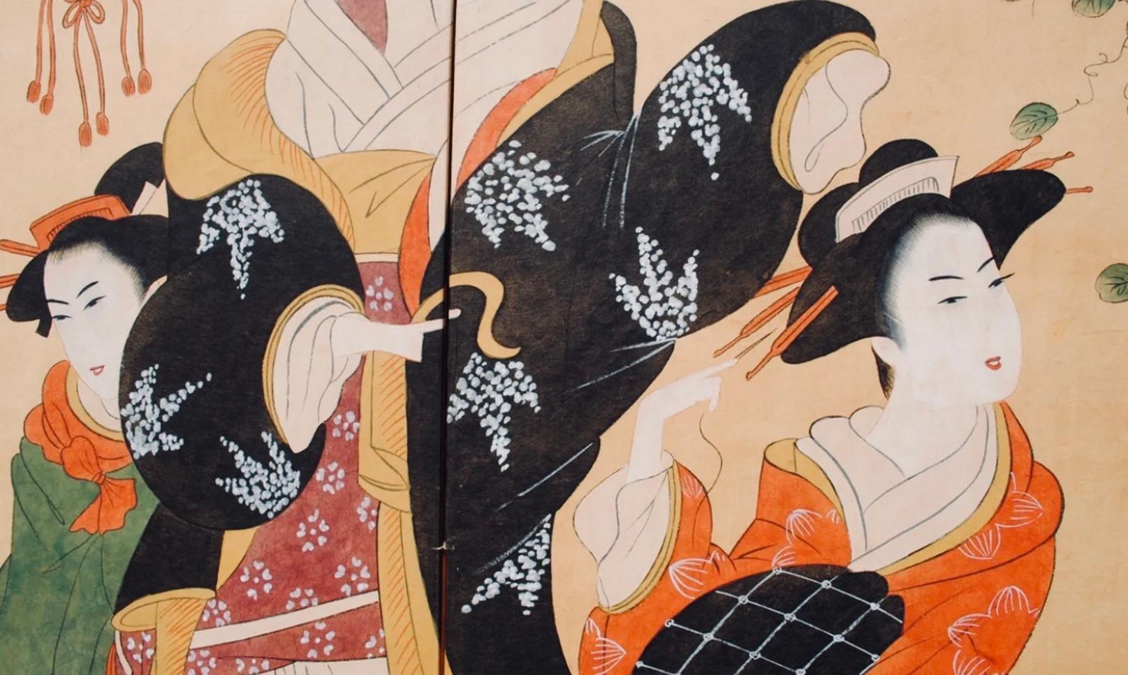 Wood Fine Japanese Art Deco Ukiyo-e Style 4-Panel Screen with Six Geishas, Ca. 1920